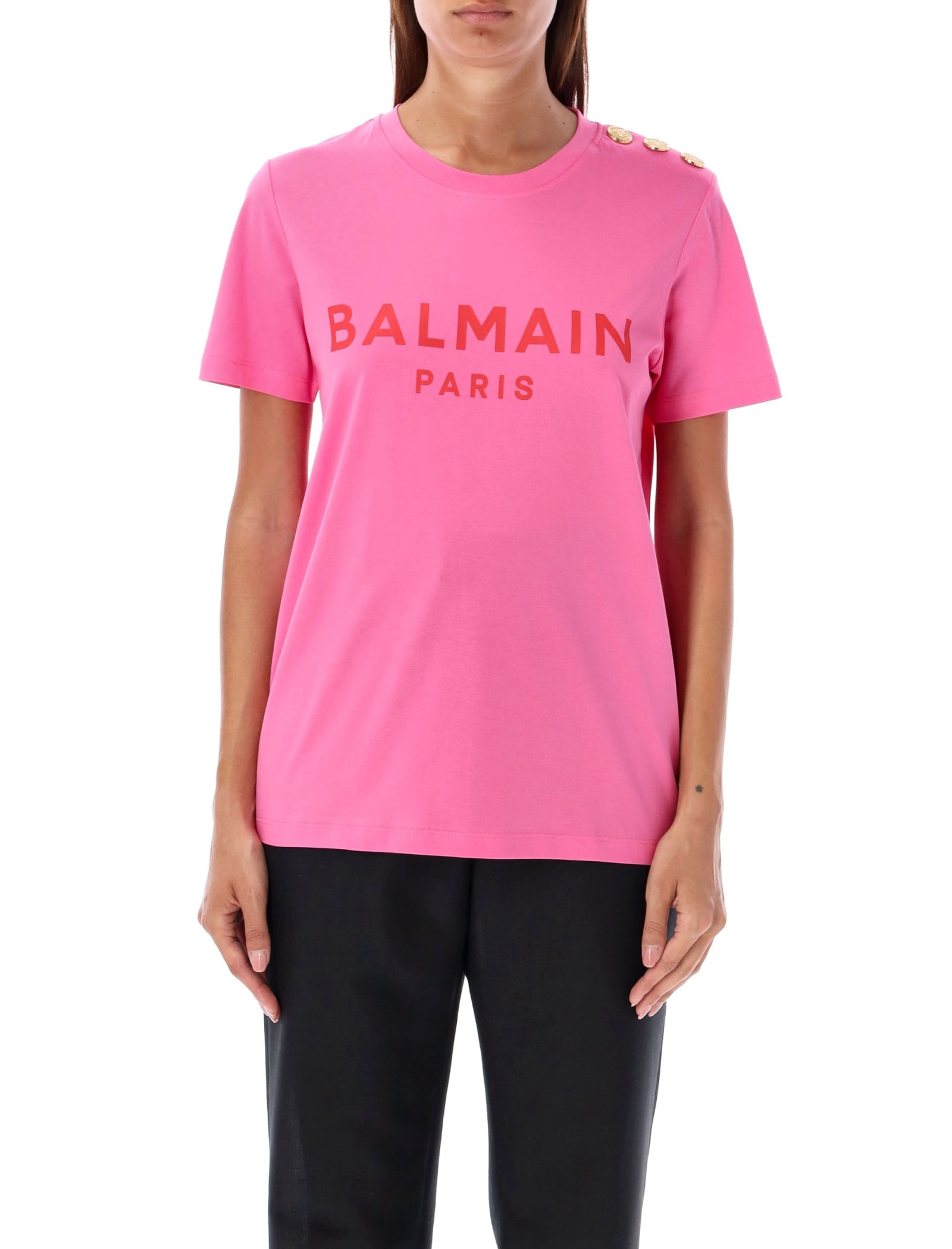 Shop Balmain Flocked Paris T-shirt In Fucsia Rose