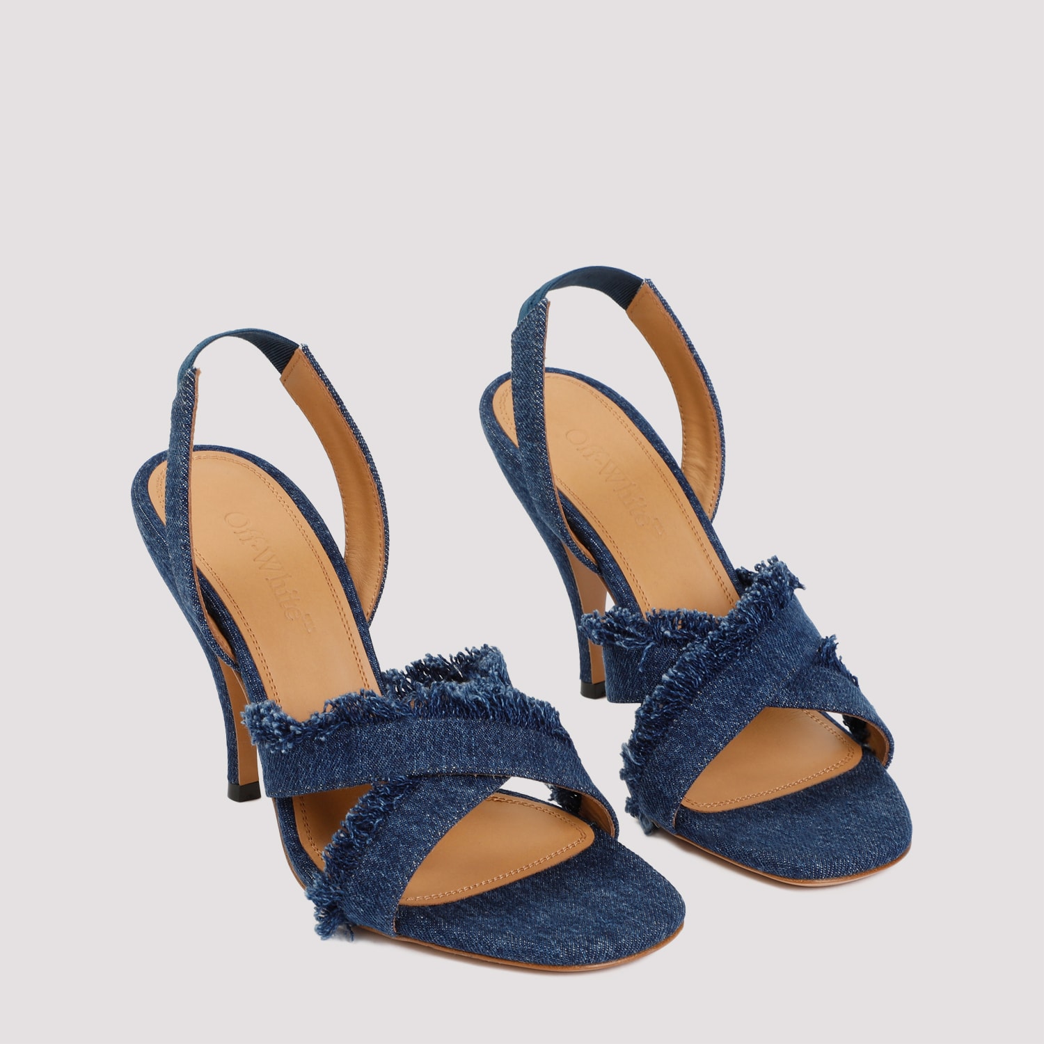Off-white Curvy Heel Denim Sandal With Fringed Straps In Blue A Blu