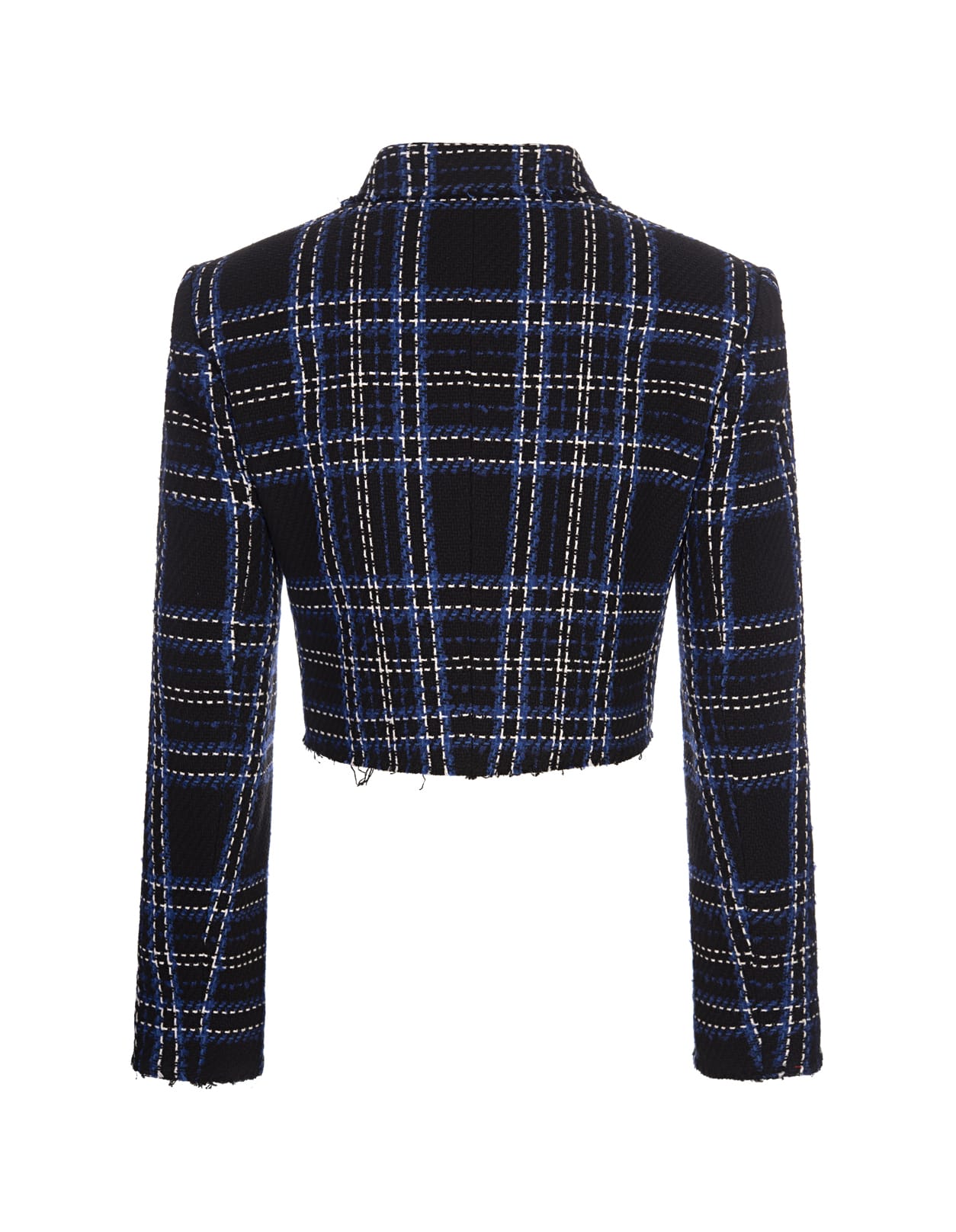 Shop Msgm Short Jacket In Blue Tweed With Maxi Check Pattern