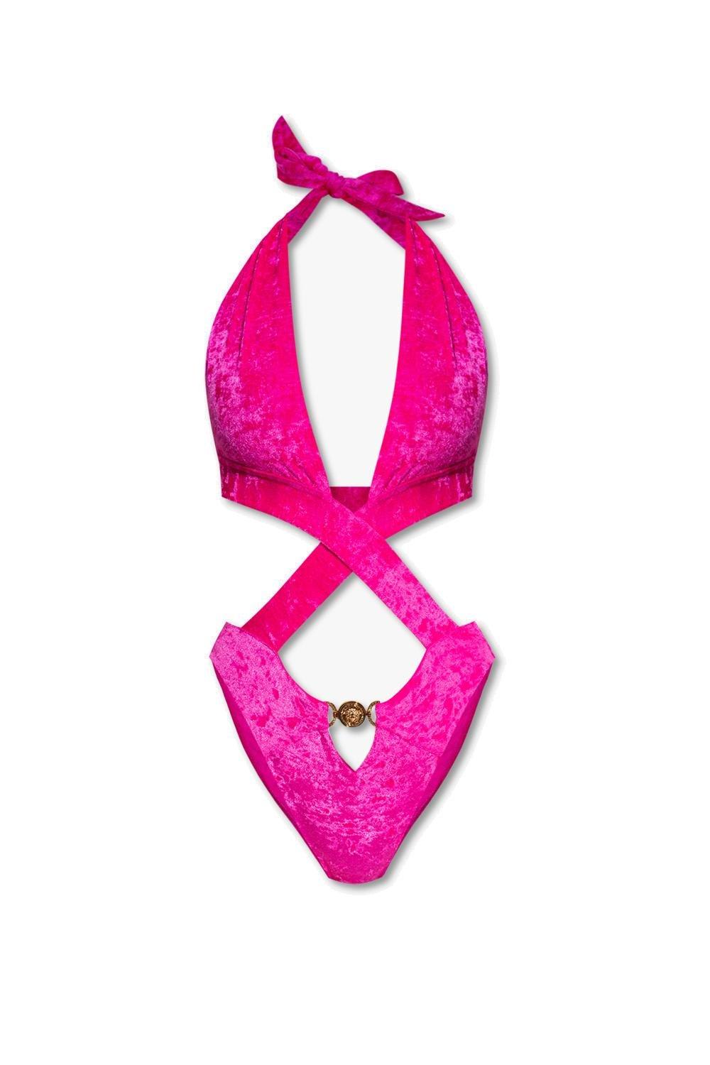 Versace Crossed Cutout Velour One Piece Swimsuit In Pink