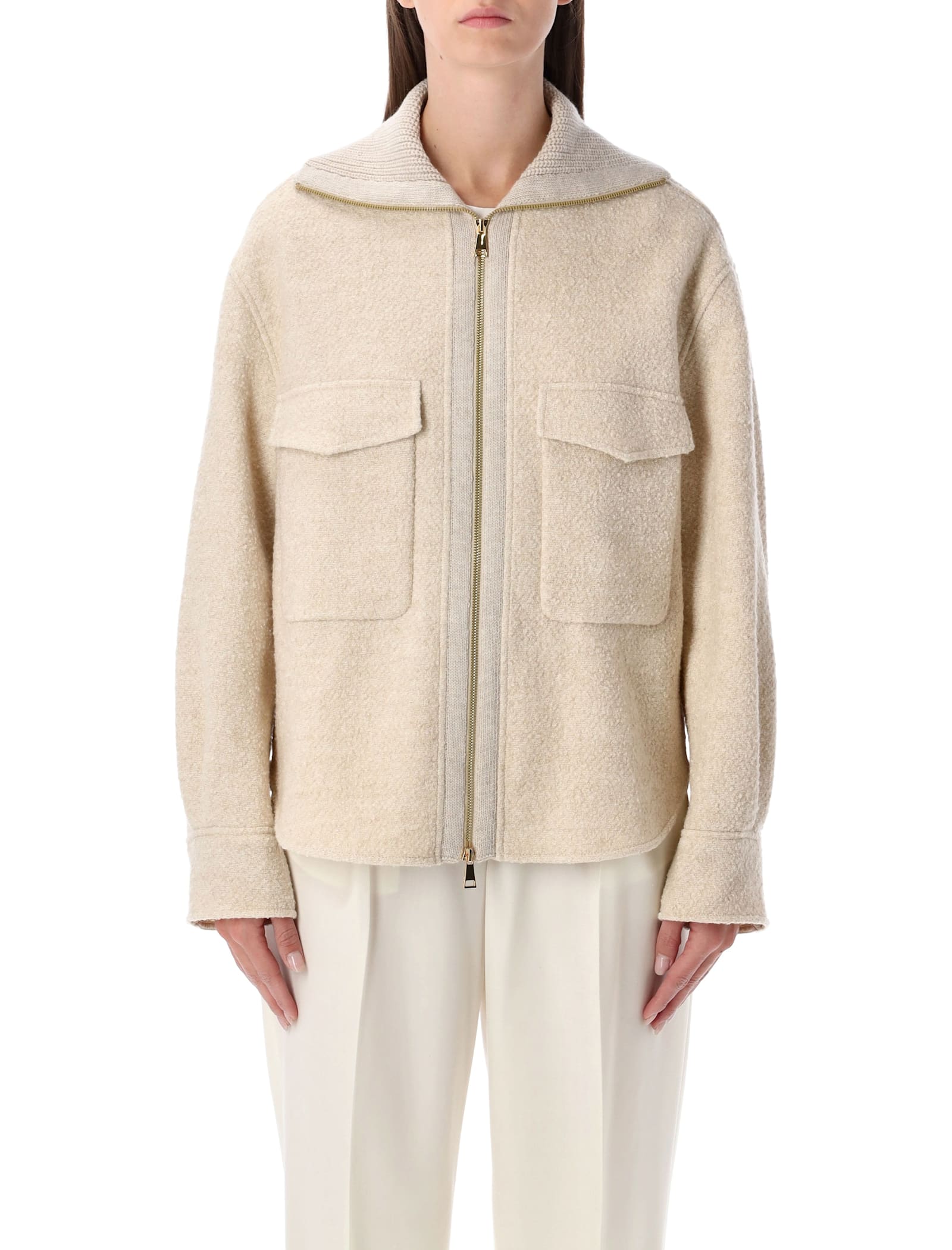 Moncler Wool-blend Bouclé Zip Shirt In White