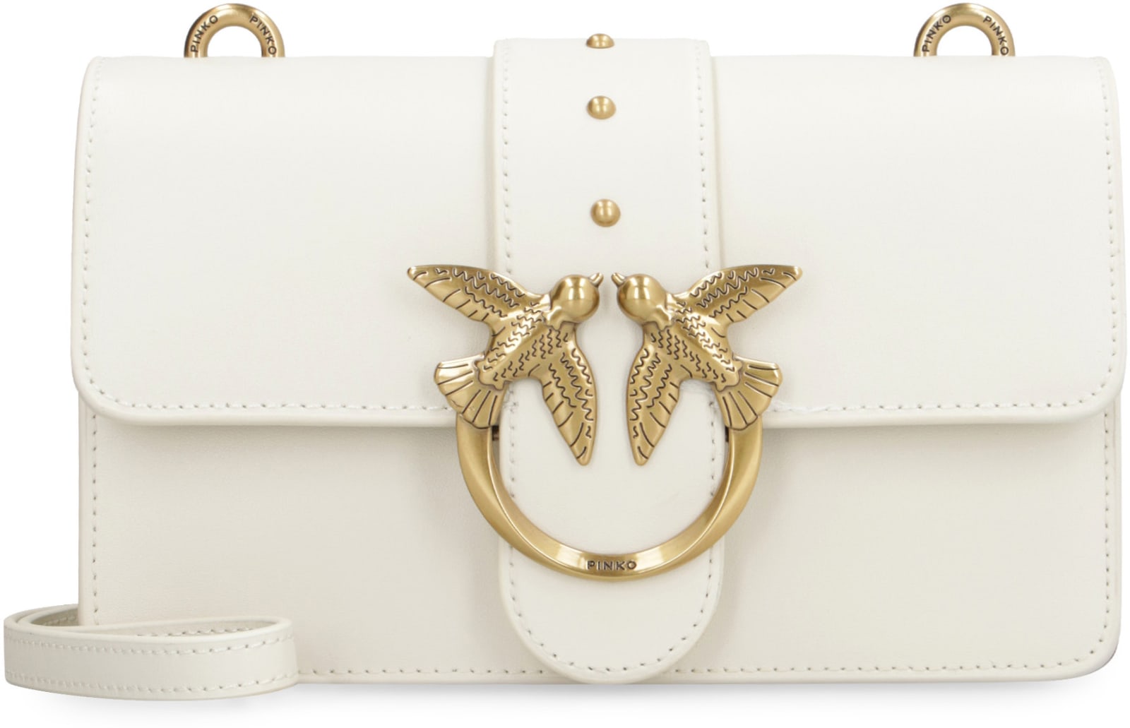 Shop Pinko Love One Leather Mini Crossbody Bag In Bianco Seta