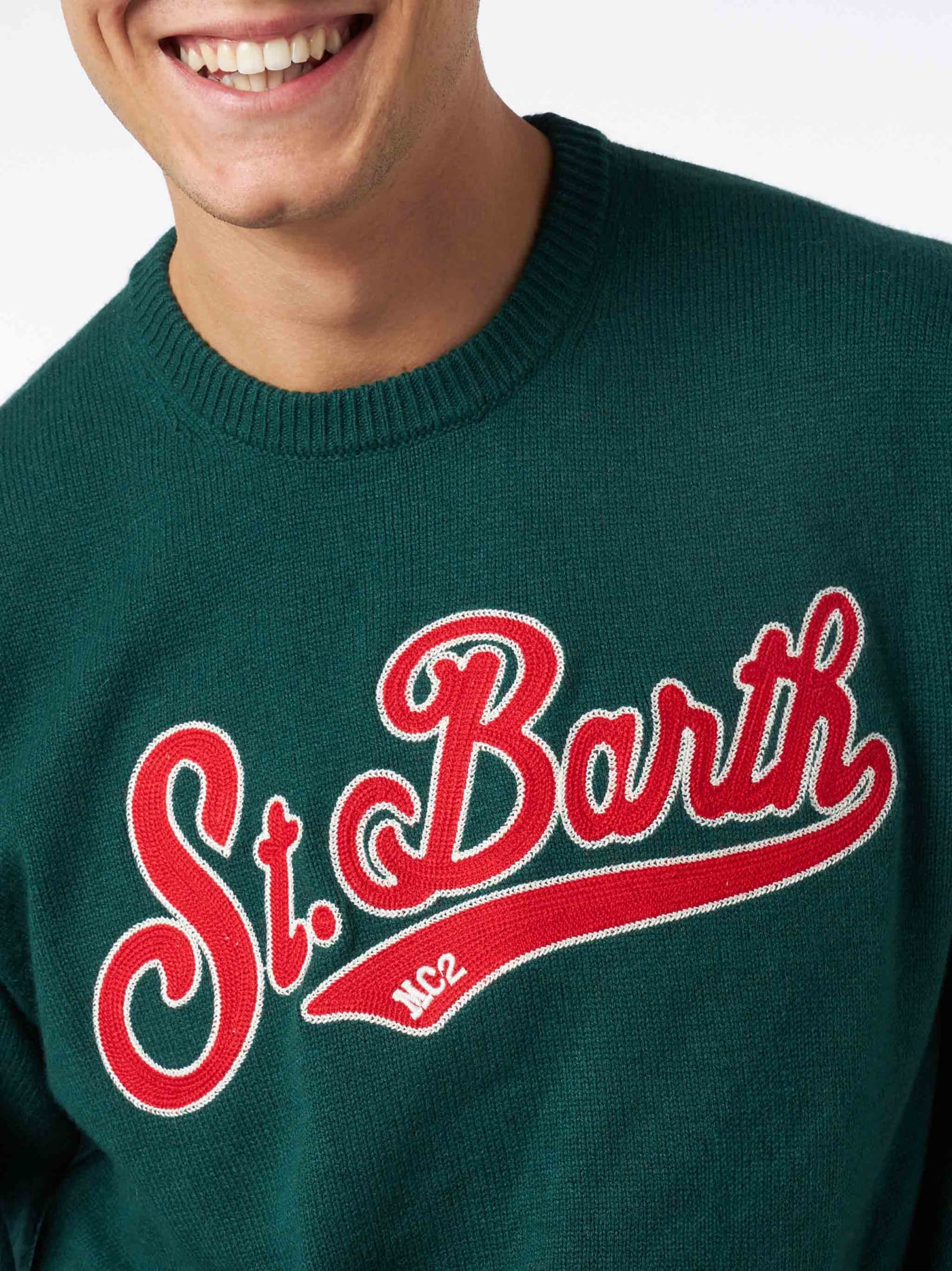 Mc2 Saint Barth Man Crewneck Green Sweater With St. Barth Embroidery In Green