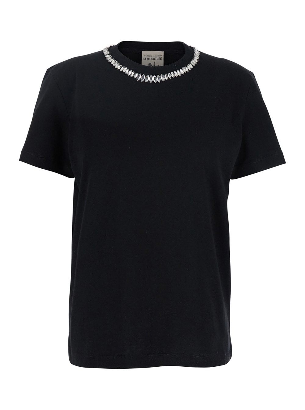 Black Round Neck T-shirt With Metallic Decorations In Cotton Woman