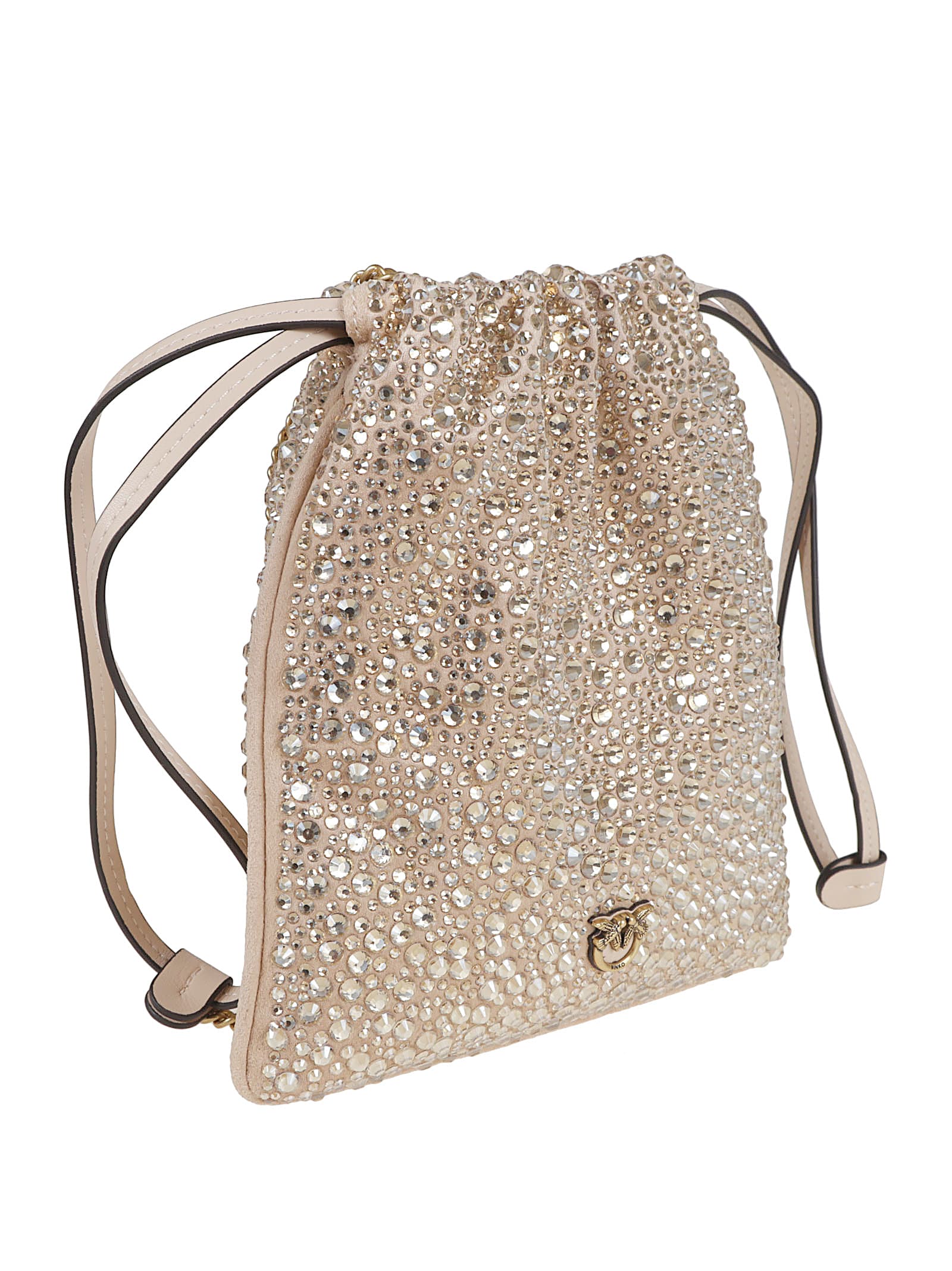 Pinko Textured Rhinestone-embellished Drawstring Bag In Gold