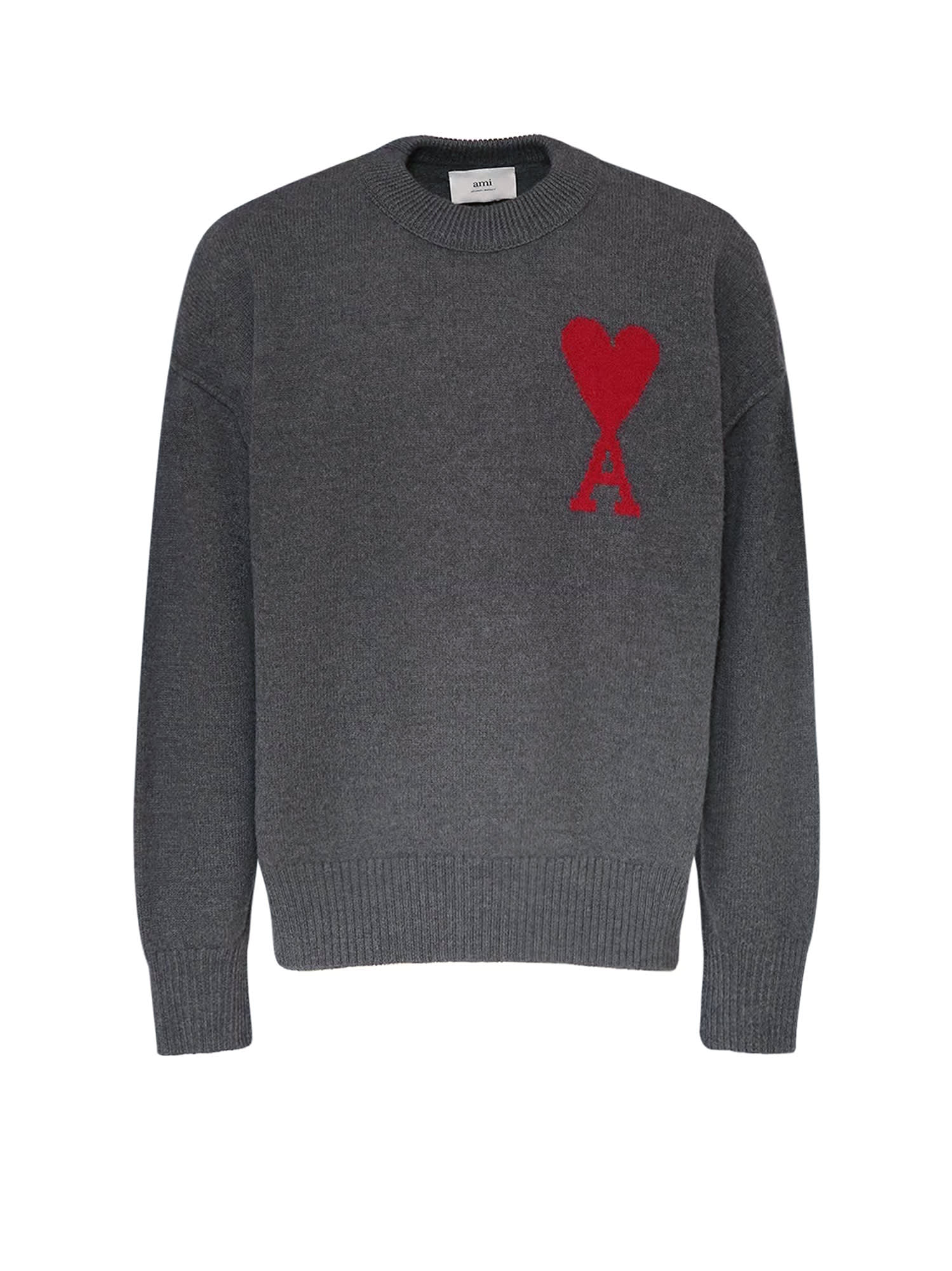 Ami Alexandre Mattiussi Crew Neck Long Sleeve Sweater With Ribbed Edges In Gray