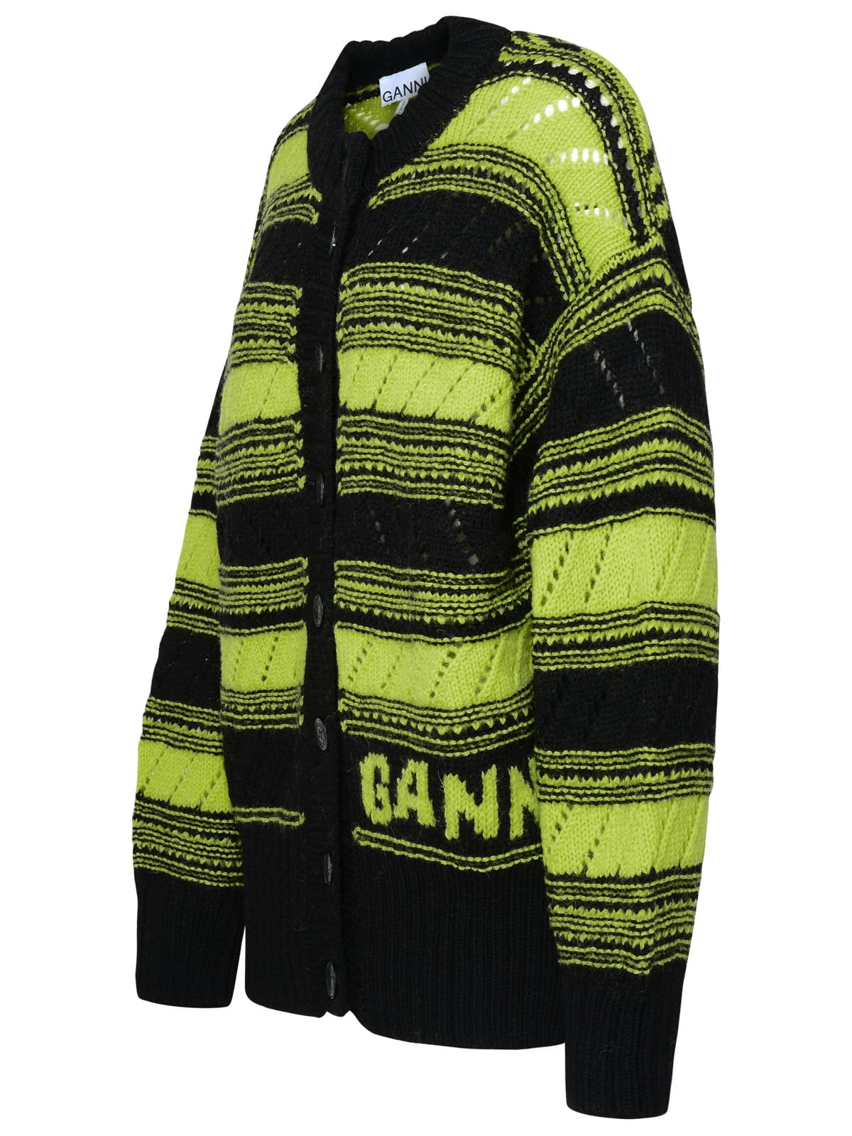 Shop Ganni Yellow And Black Wool Cardigan