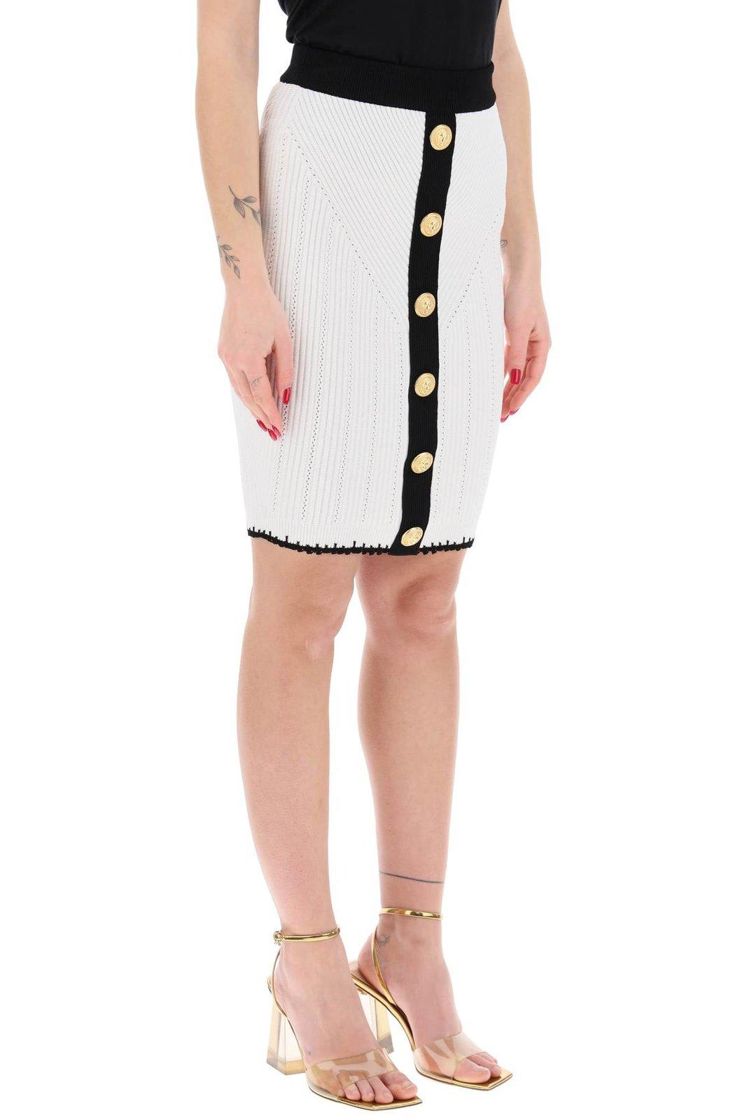 Shop Balmain Ribbed Knit Scalloped Edge Skirt In Bianco/nero