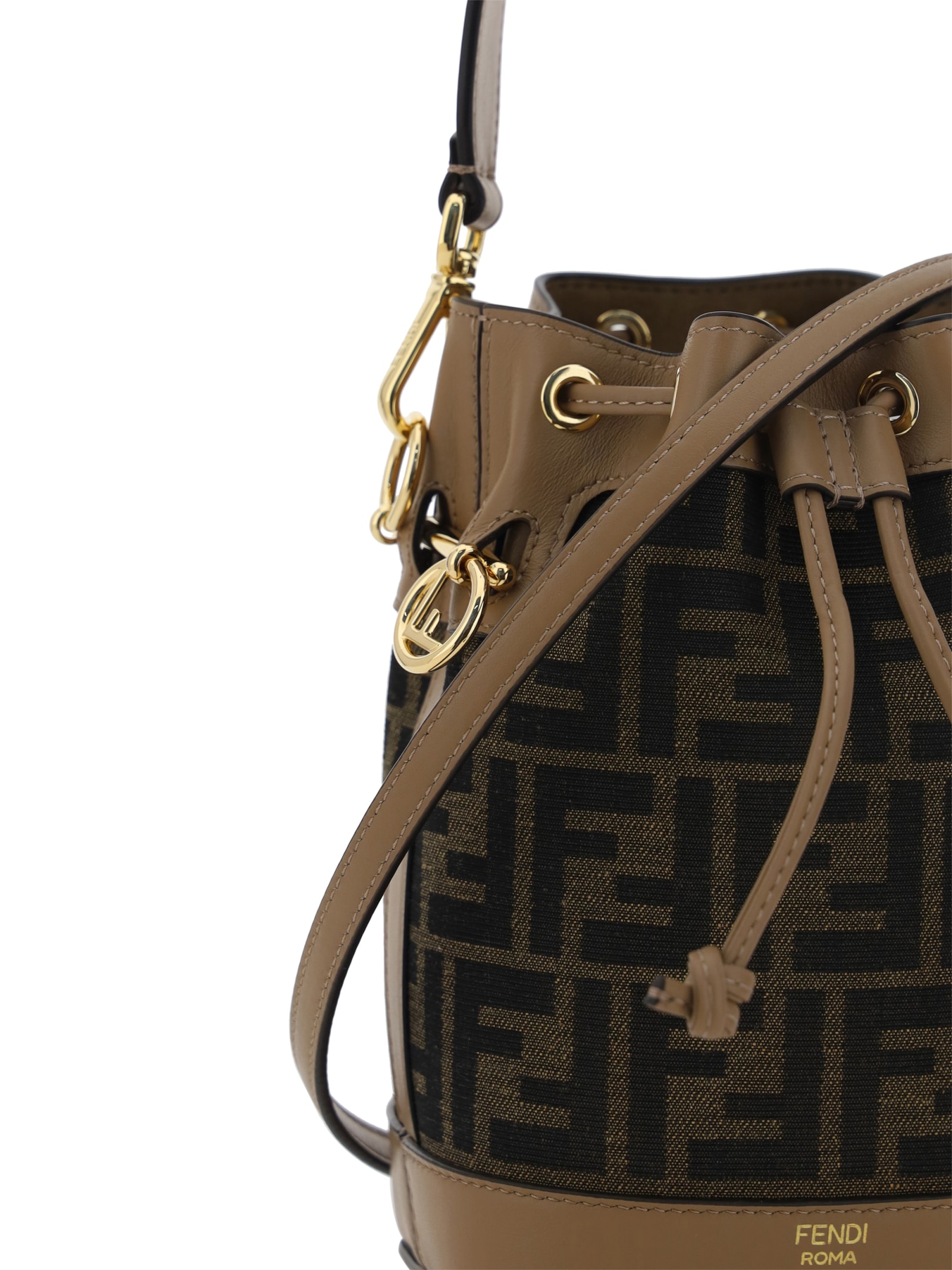 Fendi Women Mini Mon Tresor Ff Jacquard Fabric And Leather Bucket Bag In Brown