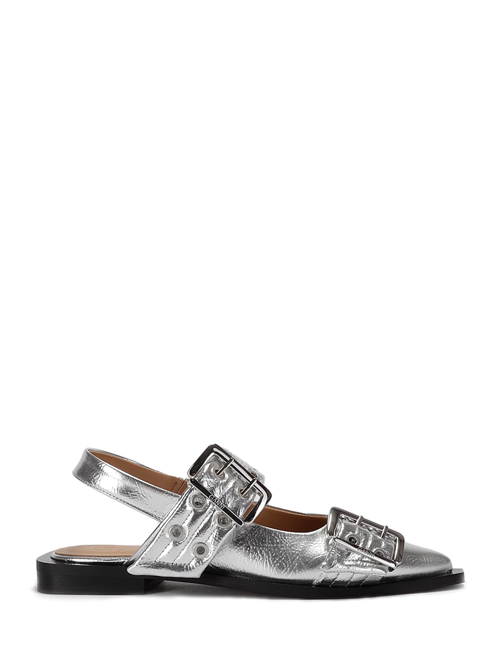 Shop Ganni Feminine Buckle Ballerina Metallic In Silver