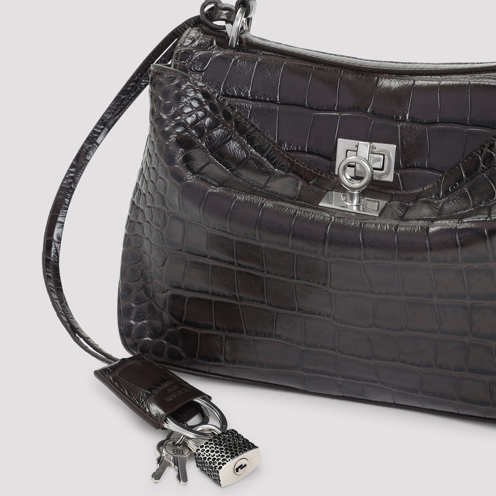 Balenciaga Crocodile Texture Top Handle Shoulder Bag In Brown