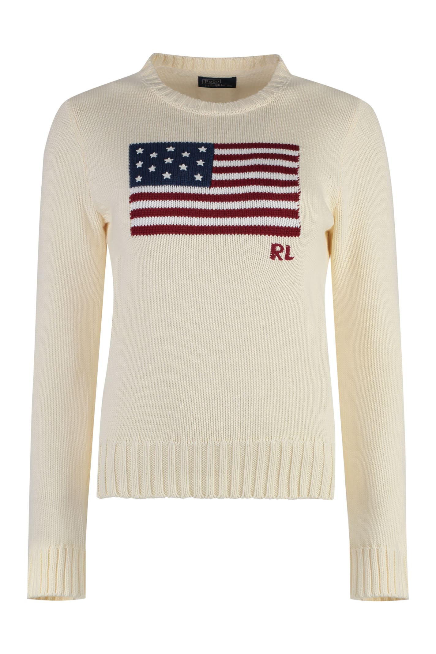 Shop Ralph Lauren Flag Embroidered Knit Sweatshirt In White