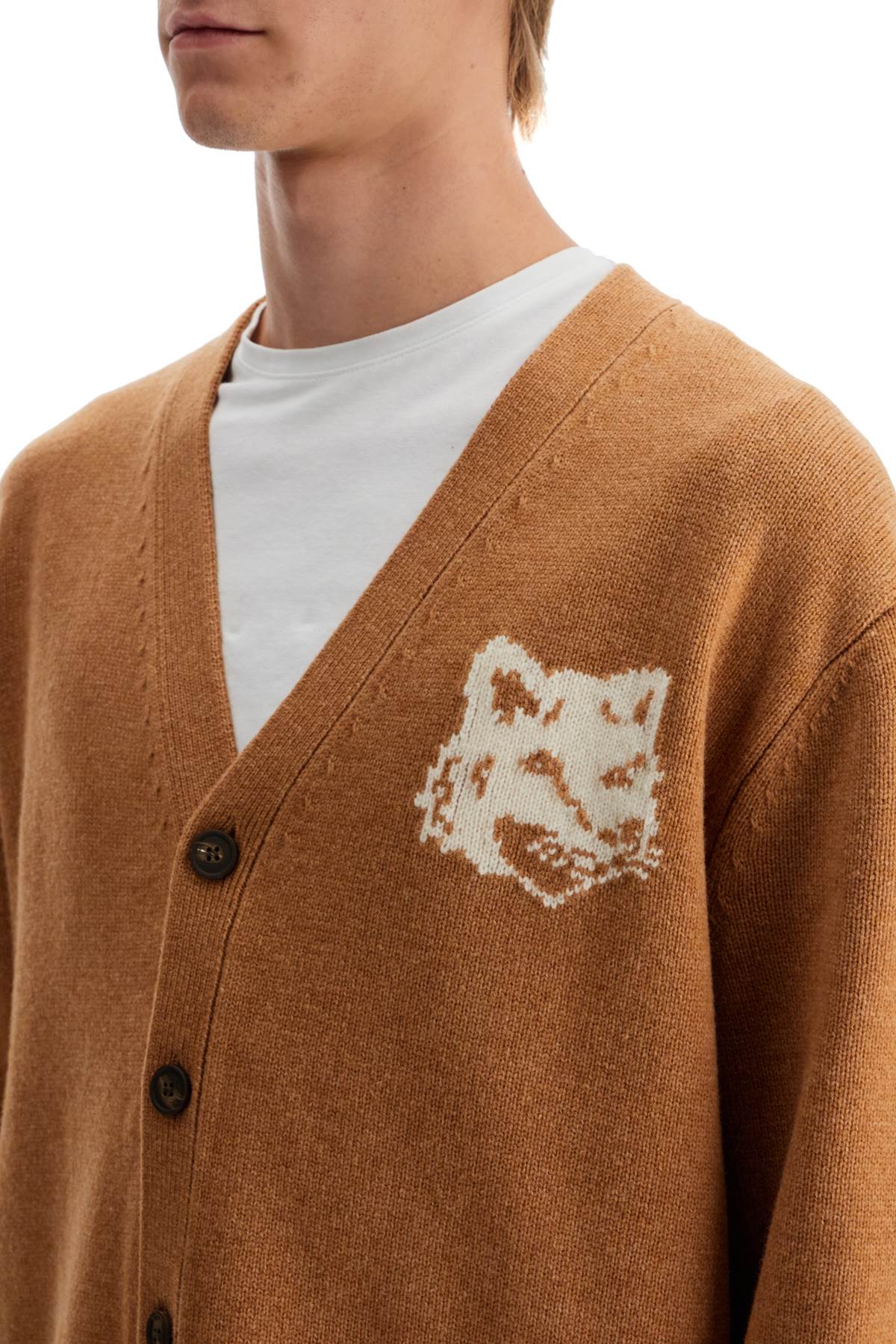 Shop Maison Kitsuné Fox Head Wool Cardigan With In Sequoia (beige)