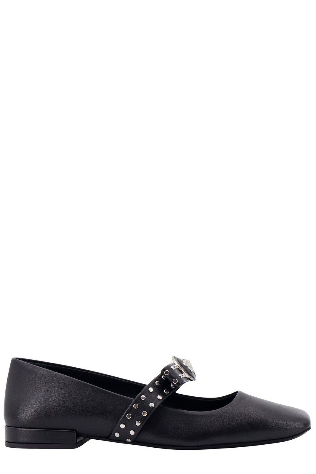 Shop Versace Gianni Ribbon Square-toe Ballet Flats In Black