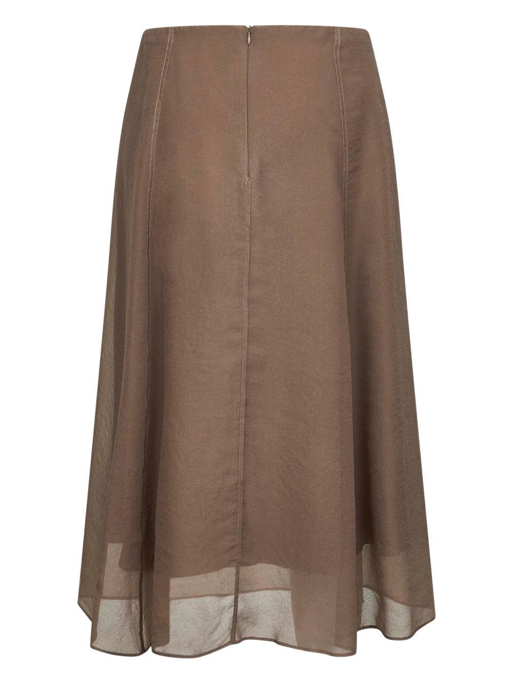 Brunello Cucinelli Asymmetric Flared Midi Skirt With Stitched Accents In Brown