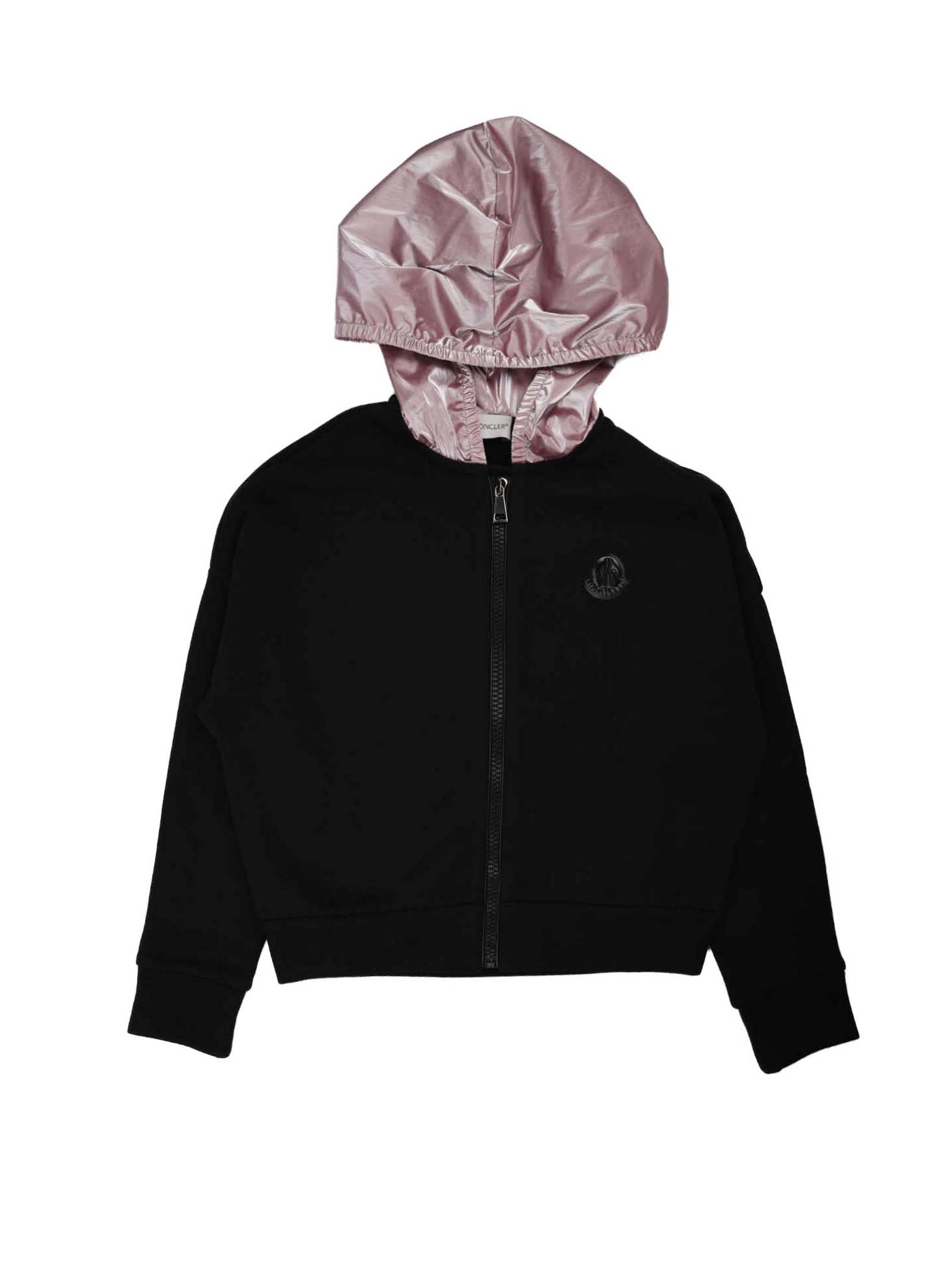 Moncler Black Sweatshirt With Zip And Pink Hood