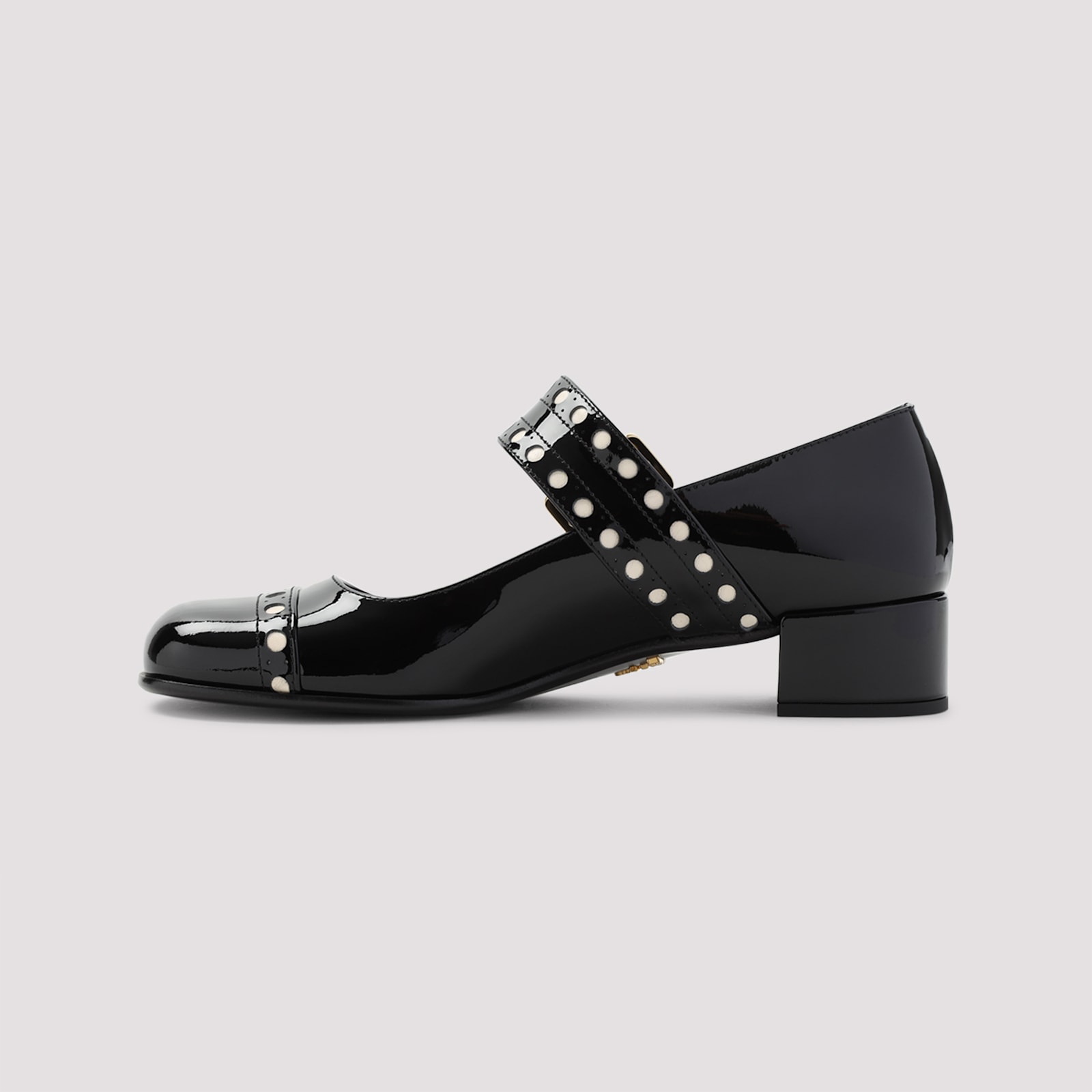Prada Block Heel Round Toe Patent Finish Studded Detail In Nero