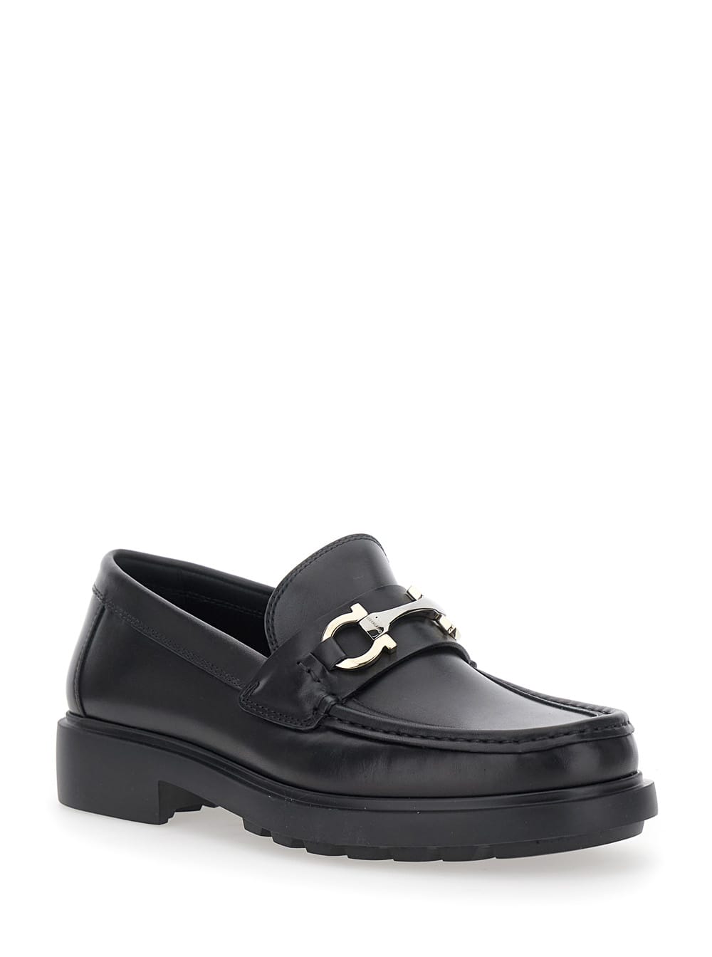 Ferragamo Black Leather Loafers With Gancini Ornament In Black