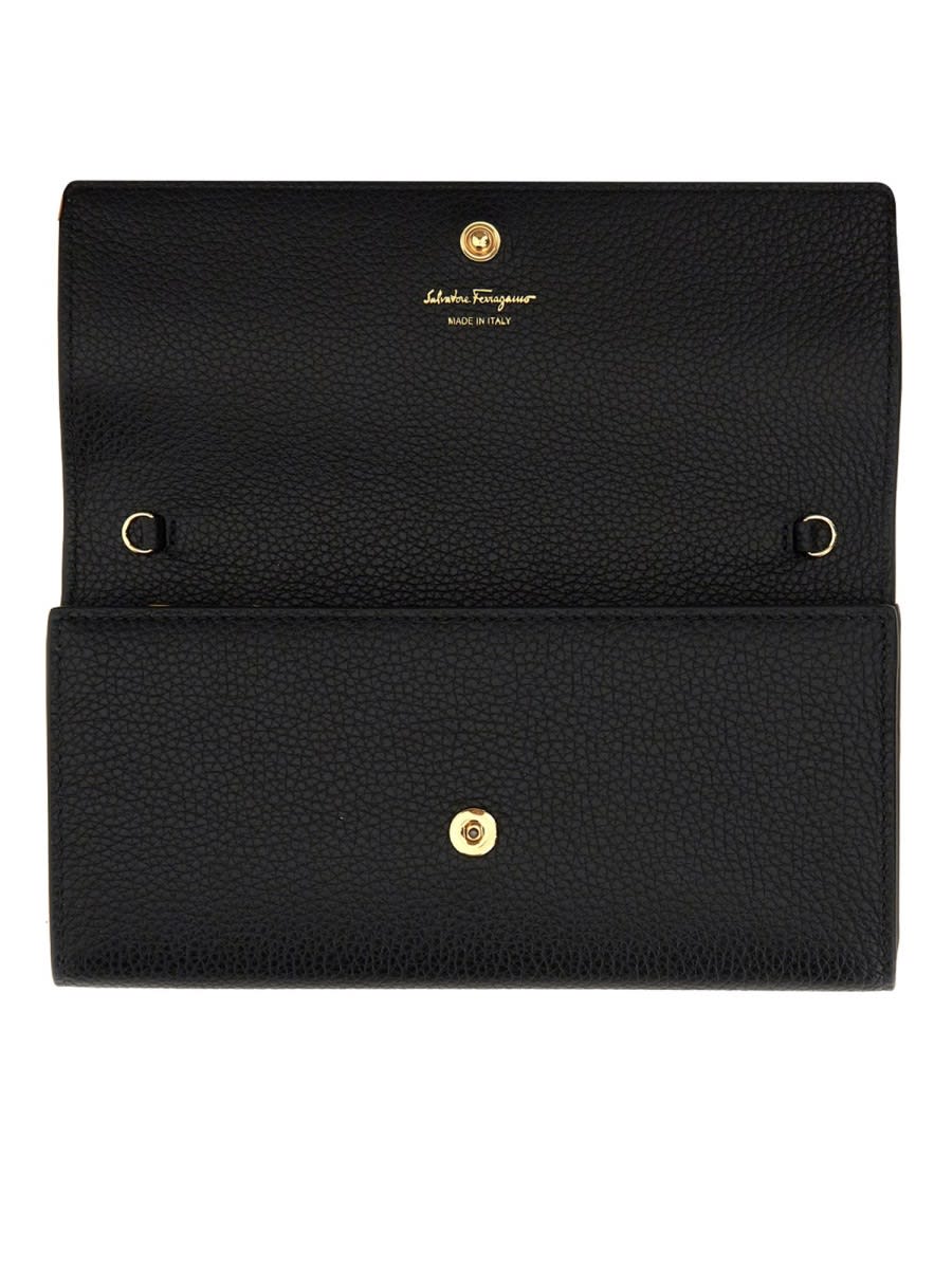 Ferragamo Gancino Flap Leather Wallet With Chain Strap In Black
