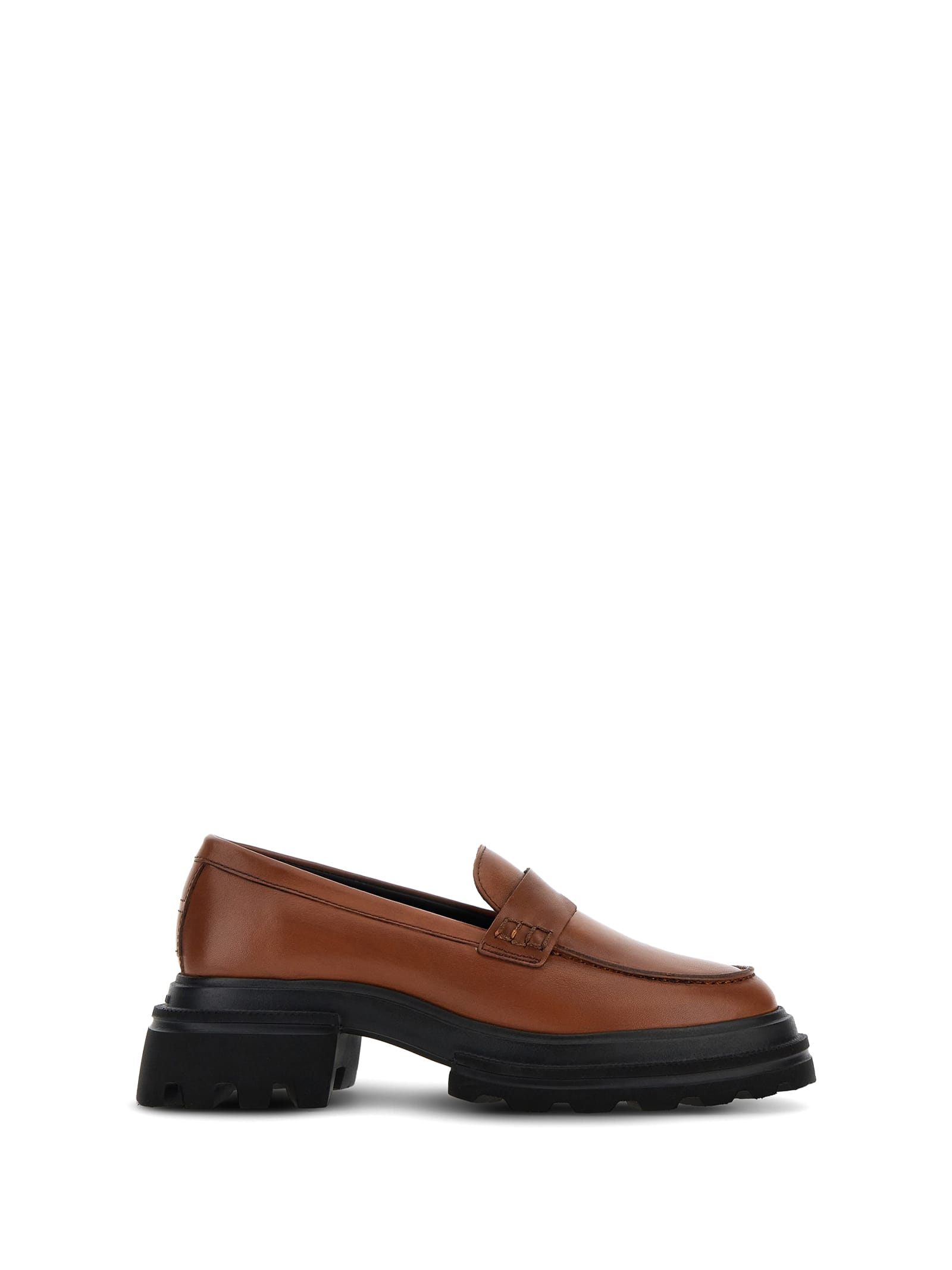 Hogan H674 Cognac Leather Moccasin In Cognac Scuro