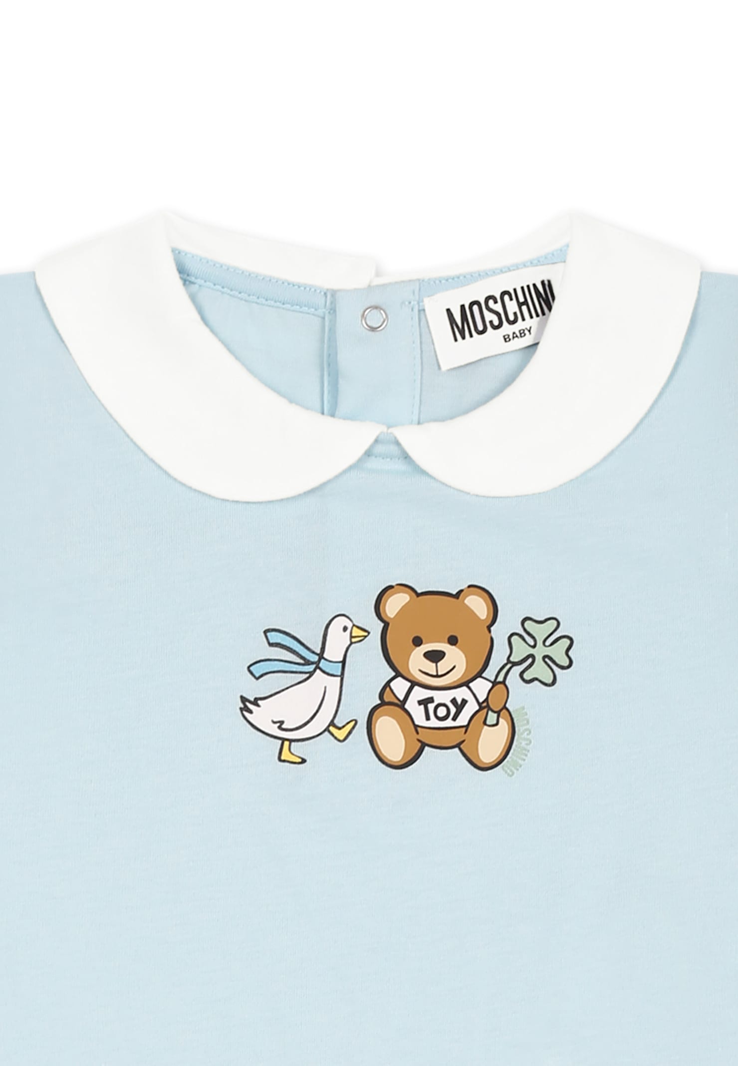 Moschino Light Blue Romper For Baby Boy With Teddy Bear In Light Blue