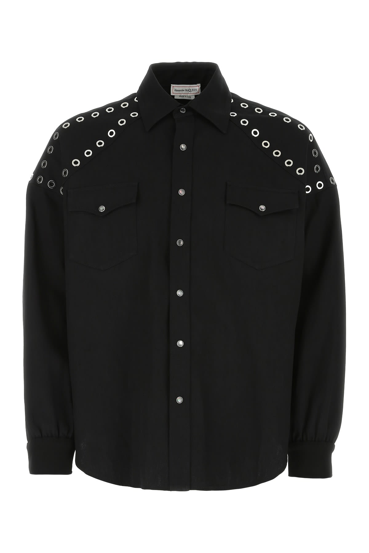 Black Eye-let Studded Detail Denim Shirt In Cotton Man