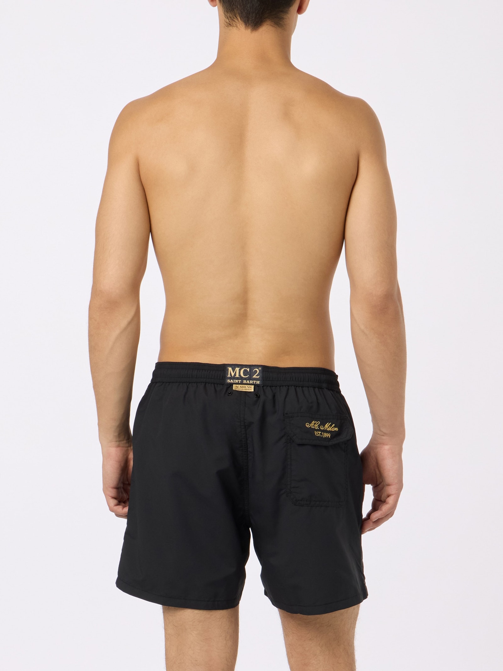 Mc2 Saint Barth Man Black Mid-length Swim Shorts Patmos With Milan 125 Embroidery Ac Milan 125 Special Edition In Black