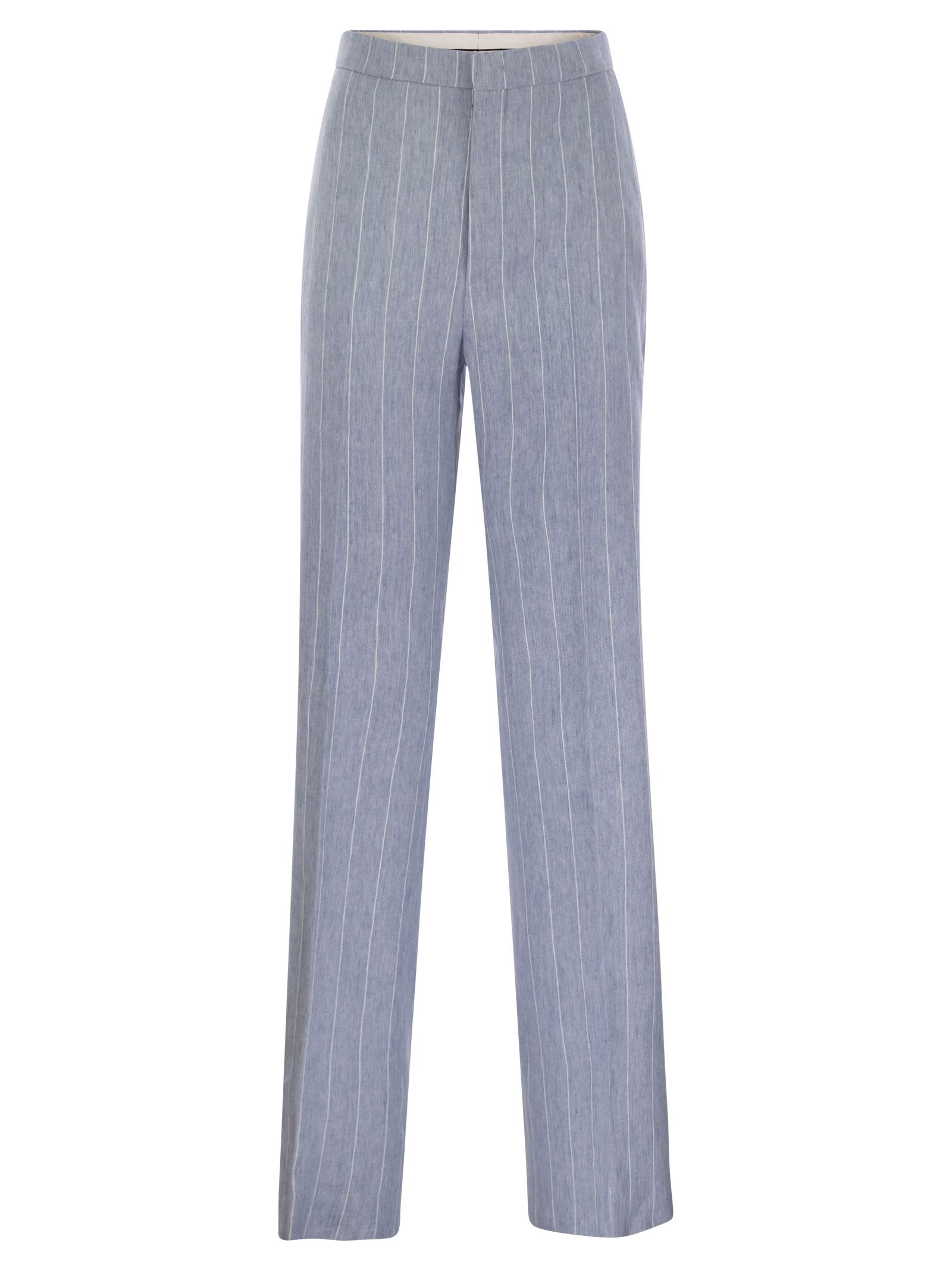 Tagliatore Women Pinstripe Trousers In Linen And Stretch Cotton In Light Blue