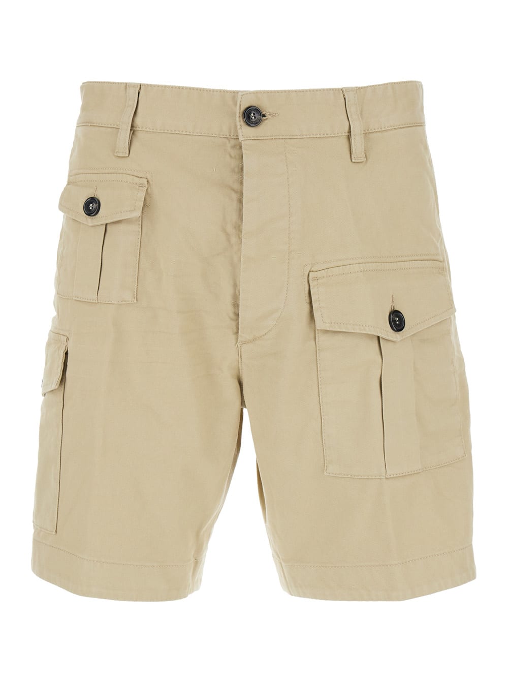 Beige Bermuda With Asymmetric Cargo Pockets And Belt Loops In Cotton Man