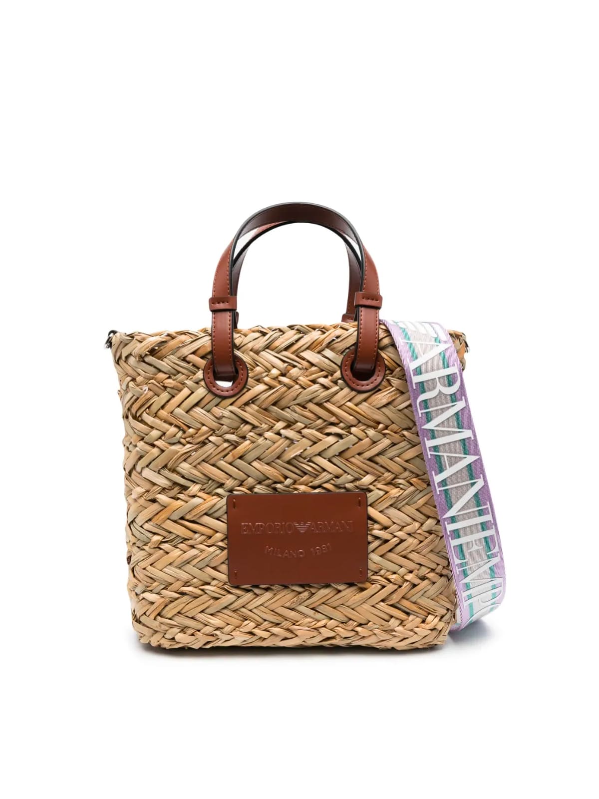 Emporio Armani Straw Vertical Shopping Bag In Brown Camel