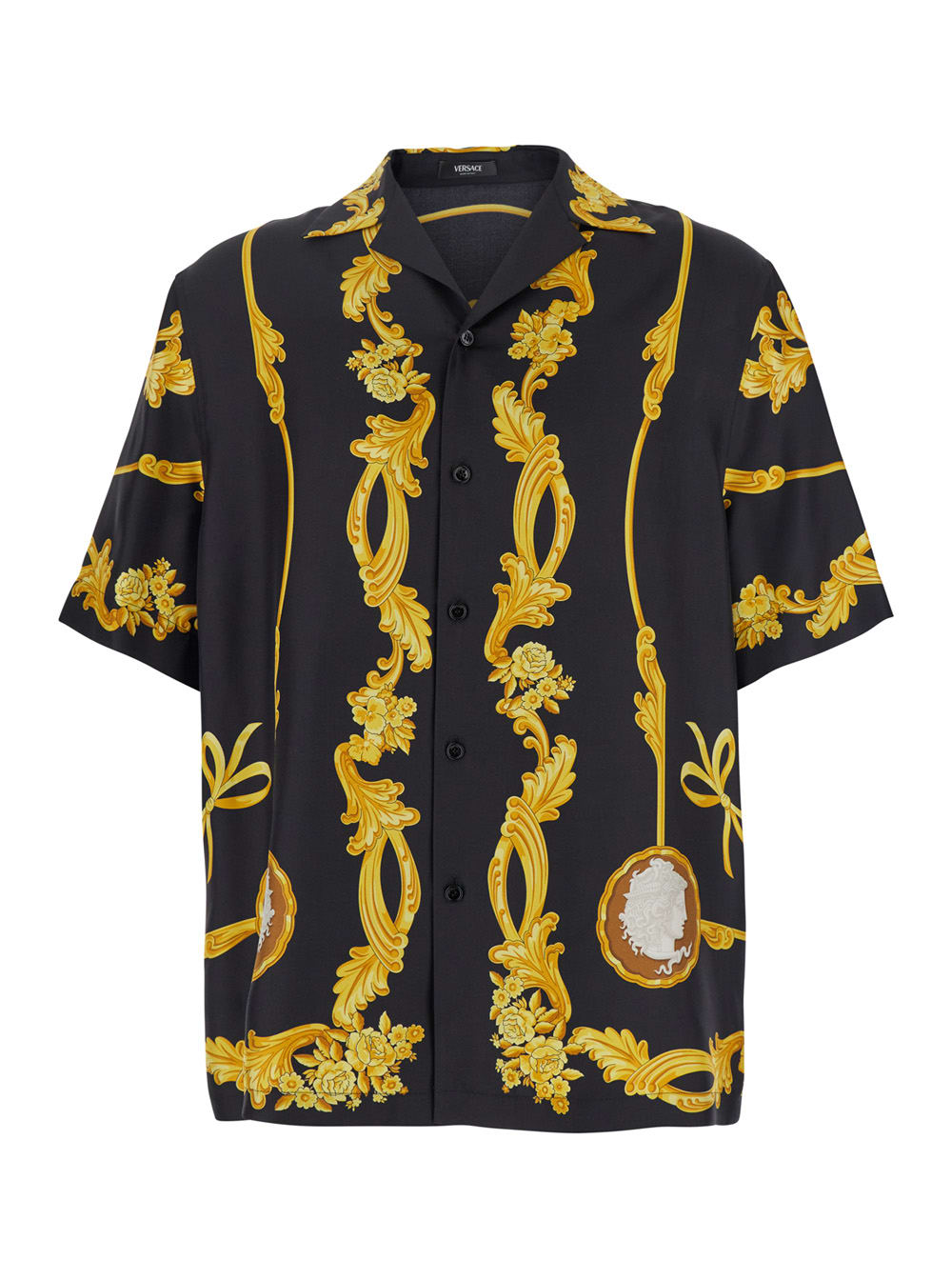 Versace Black Shirt With Cuban Collar And All-over Graphic Print In Silk Man In Black