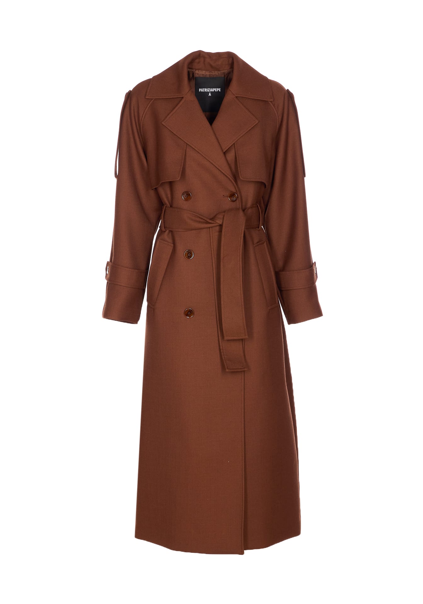 Patrizia Pepe Brown Wool Blend Trench Coat With Belted Waist In Brown