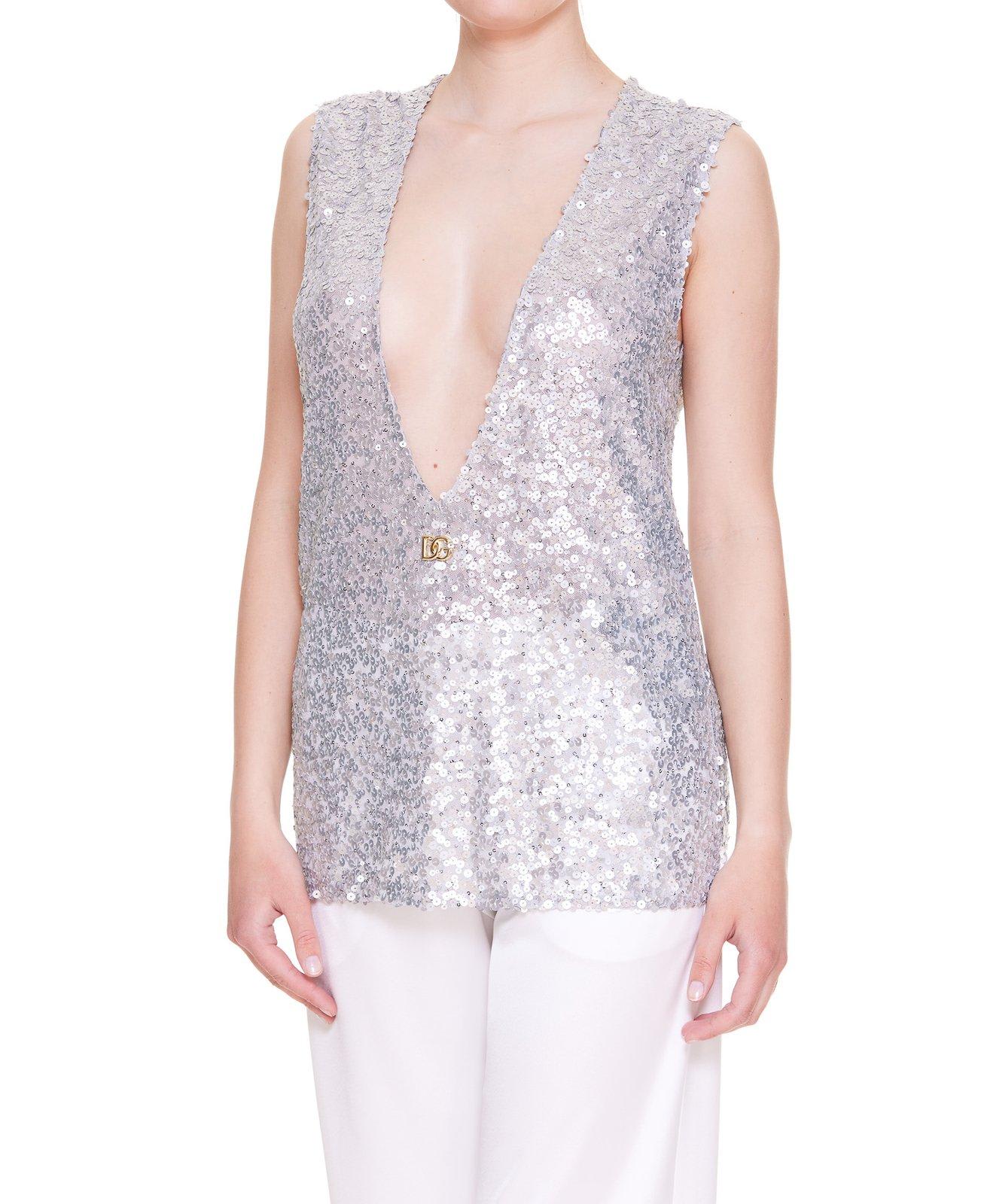 Shop Dolce & Gabbana Glitter V-neck Sleeveless Top In Argento