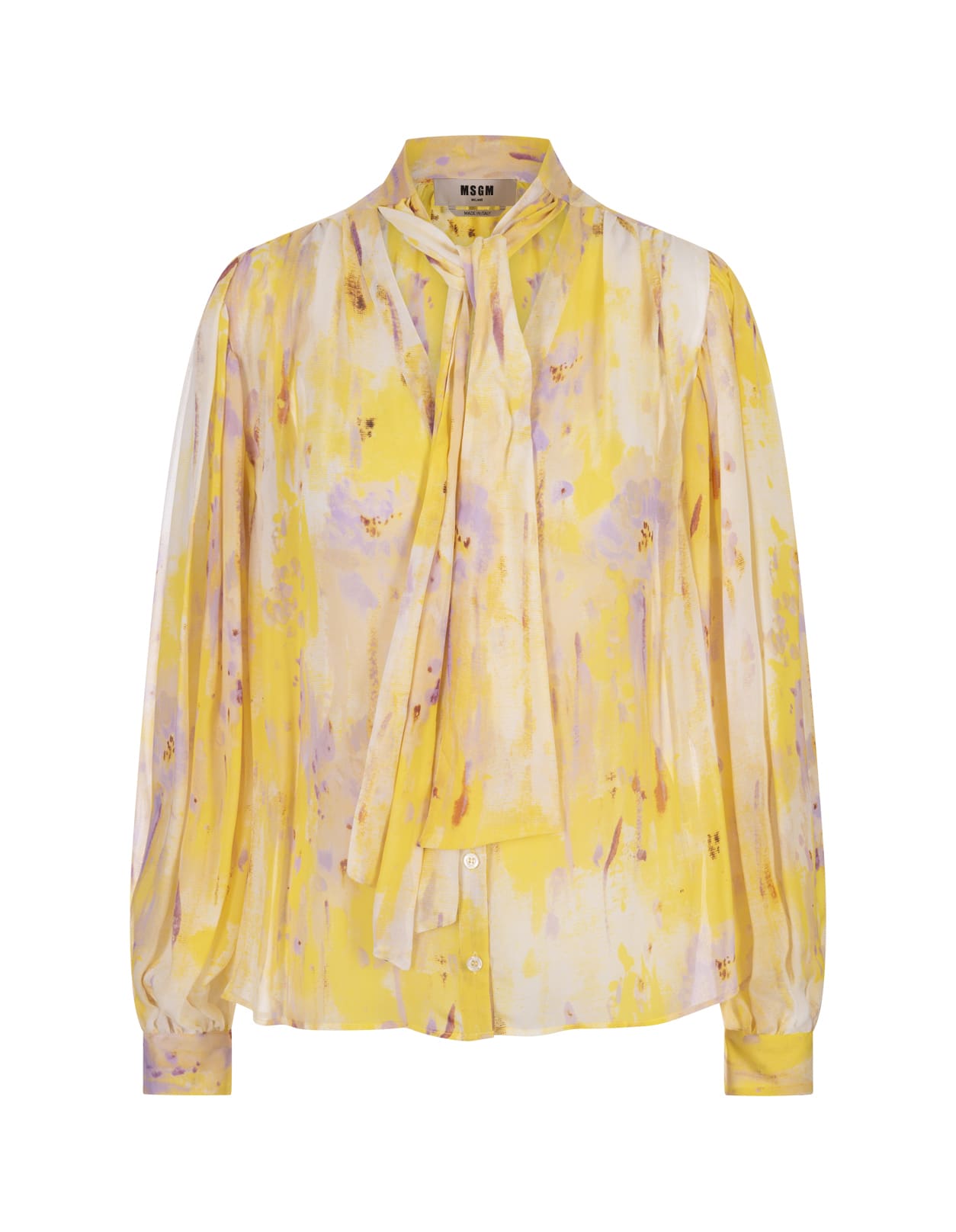 Shop Msgm Bow Shirt In Georgette With Artsy Flower Print In Yellow