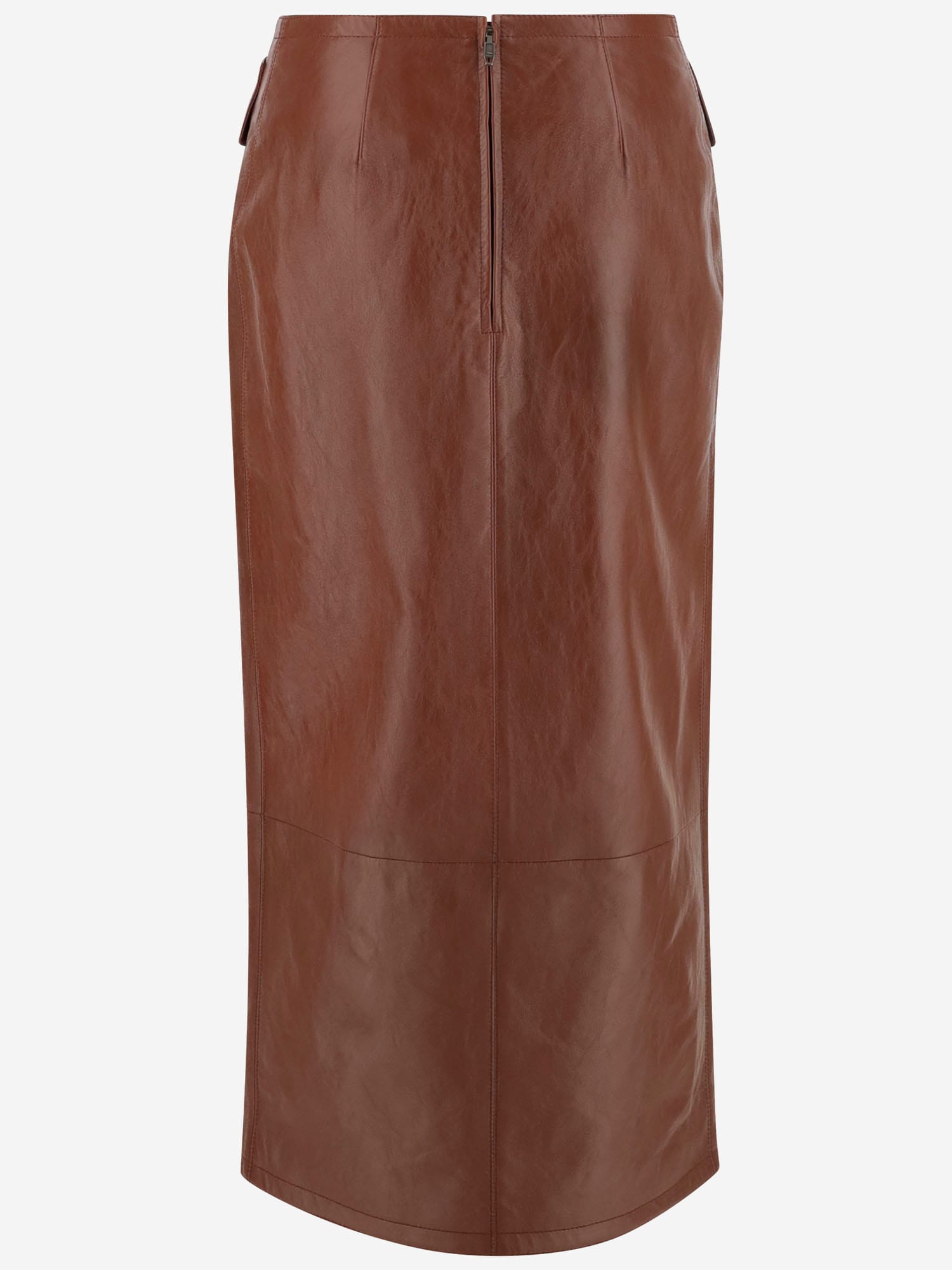 Shop Chloé Glossy Leather Midi Skirt In Brown