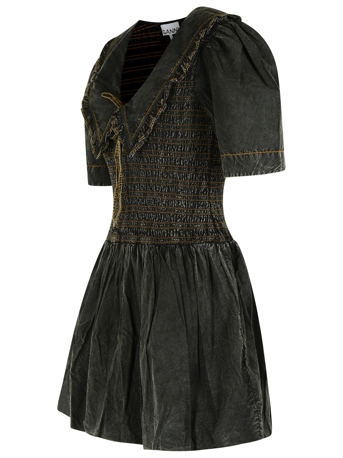 Ganni Cotton Dress With Puff Sleeves And Ruffled Collar In Black