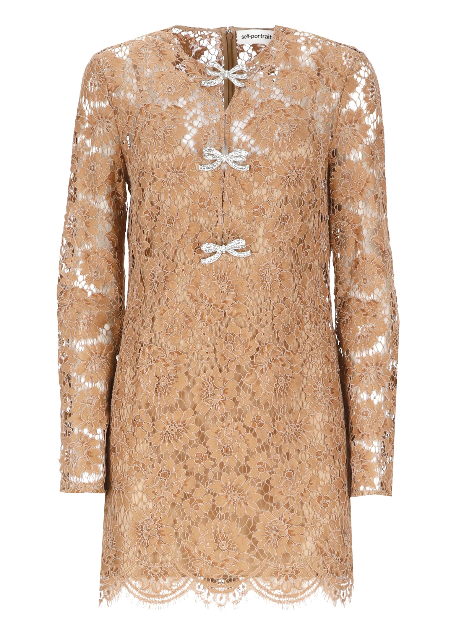 Self-portrait Womens Tan Lace Bow-embellished Woven Mini Dress