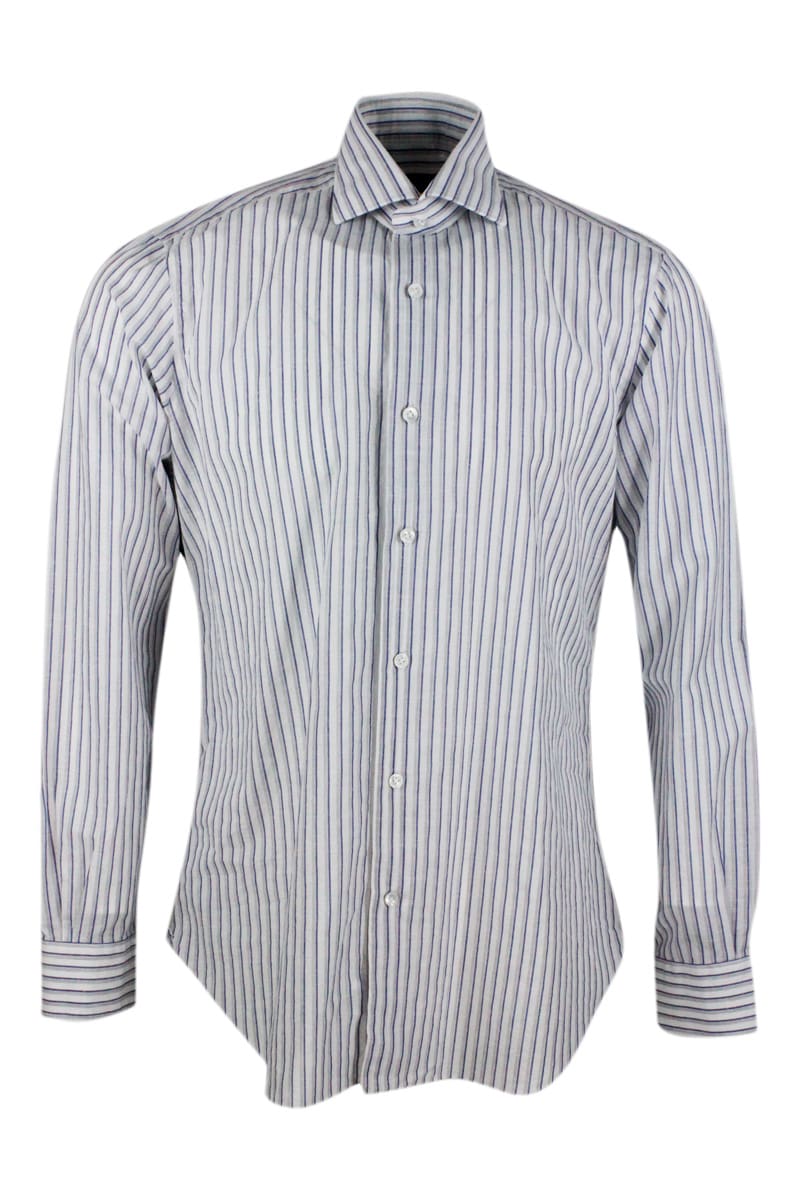 Barba Napoli Long-sleeved Cult Shirt With French Collar With Gray And Blue Stripes On A White Base In Cotton And Linen