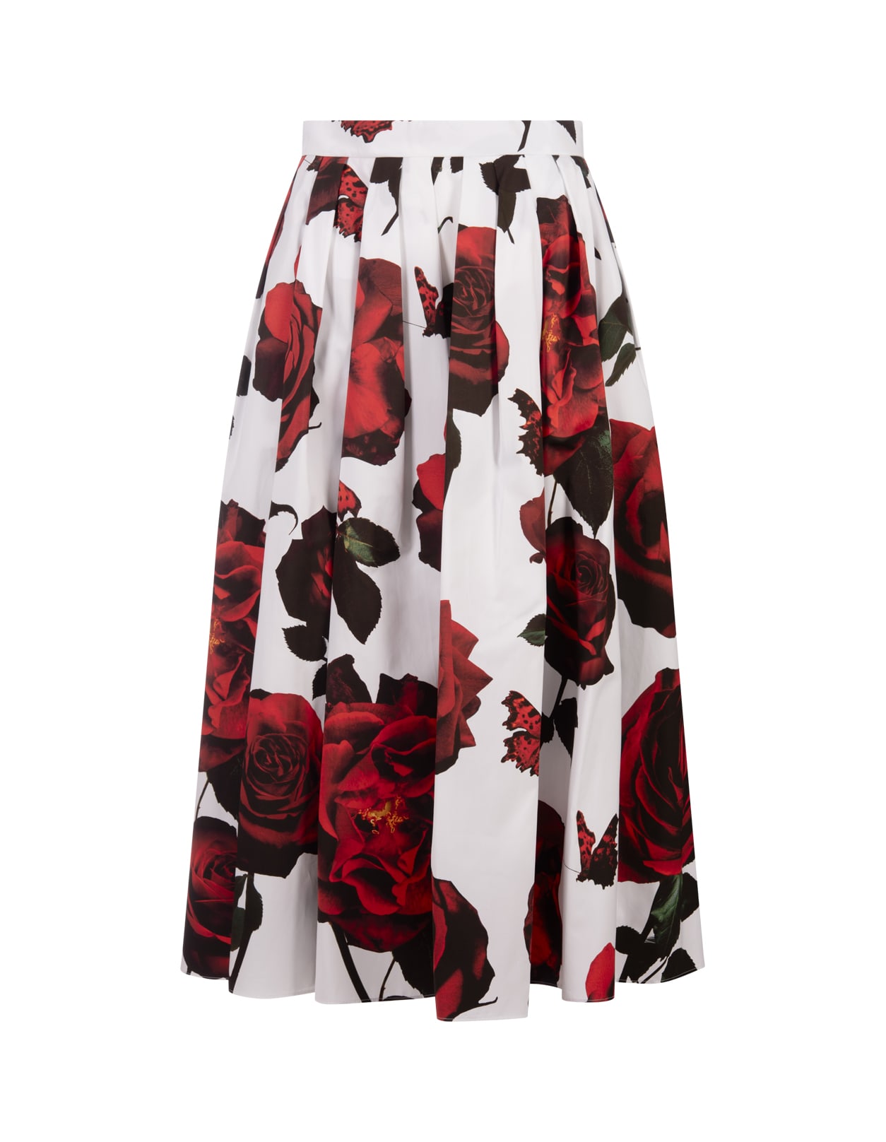Shop Alexander Mcqueen Pleated Midi Skirt With Tudor Rose Print In White