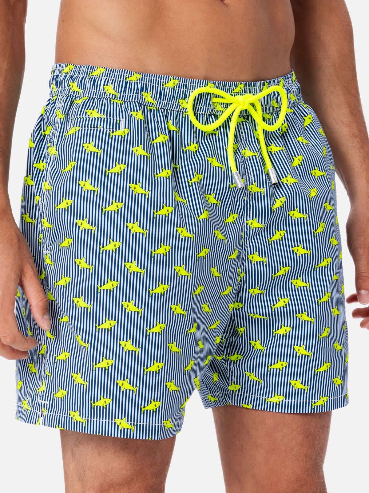 Mc2 Saint Barth Man Comfort Light Swim Shorts With Sharks Print In Blue Navy