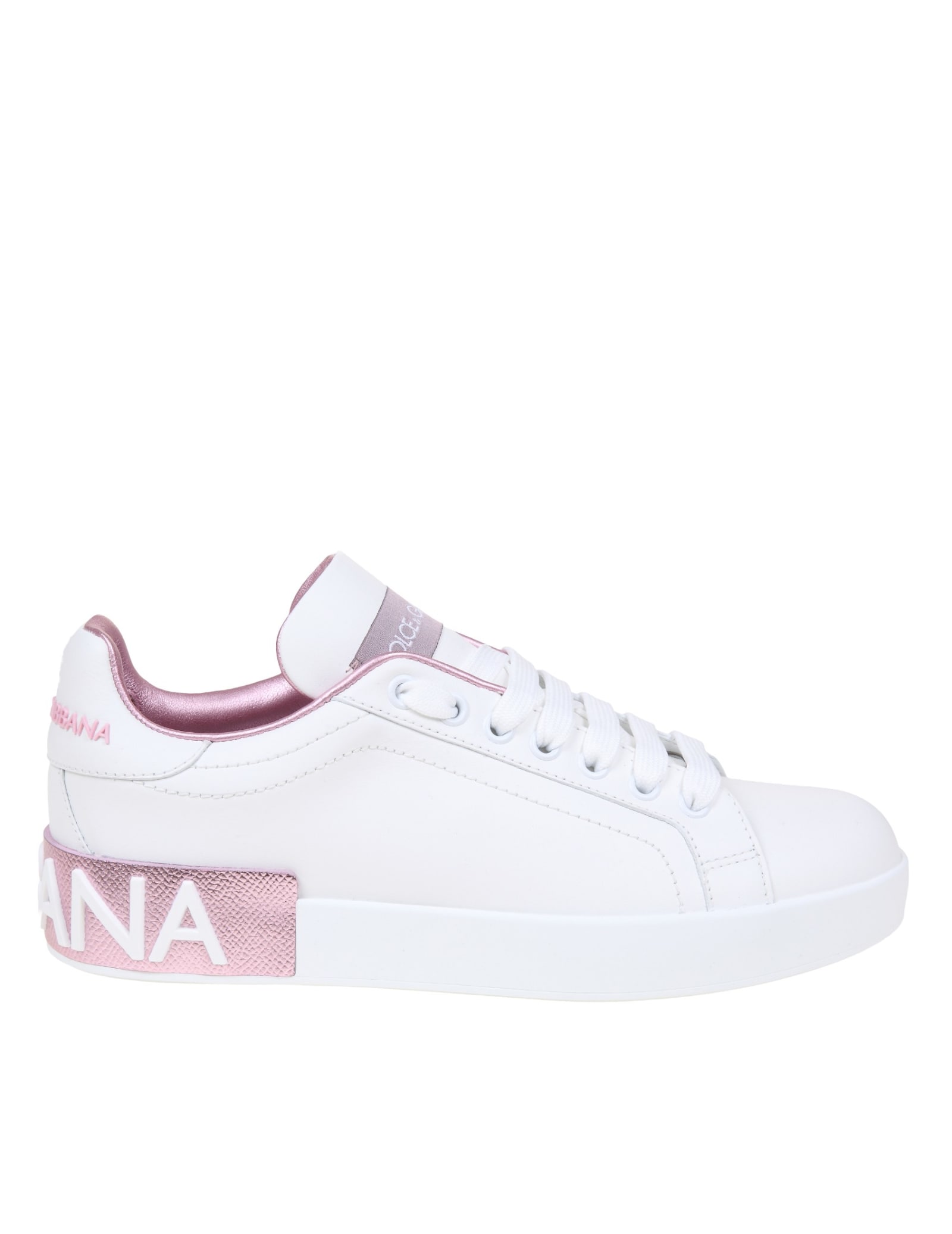 Shop Dolce & Gabbana Portofino Sneakers In White Leather In White/pink