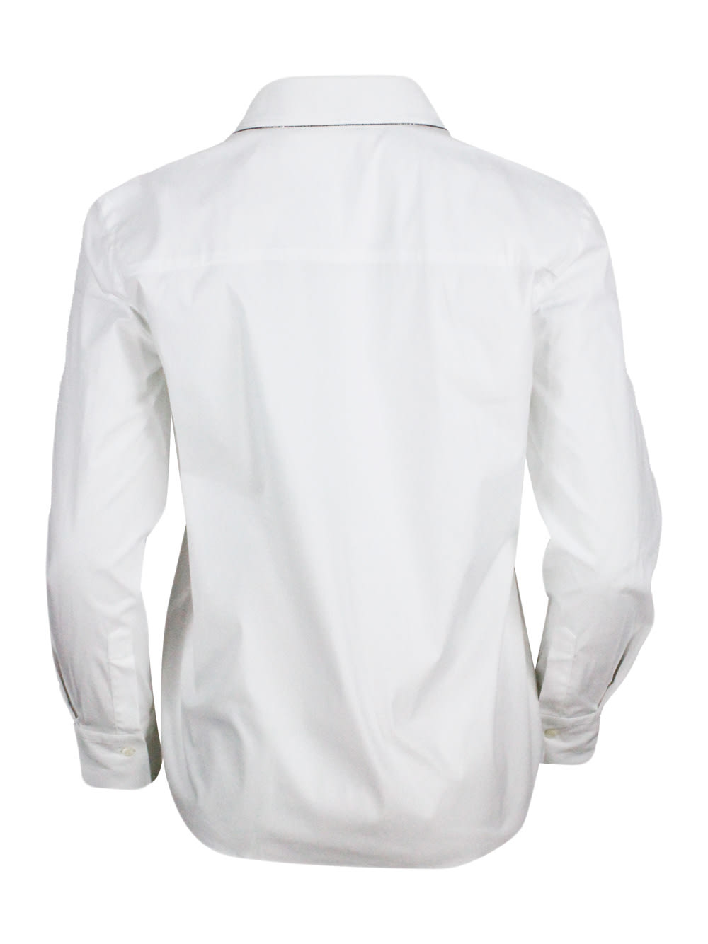 Shop Brunello Cucinelli Long-sleeved Shirt In Stretch Cotton With Shiny Monili On The Collar In White