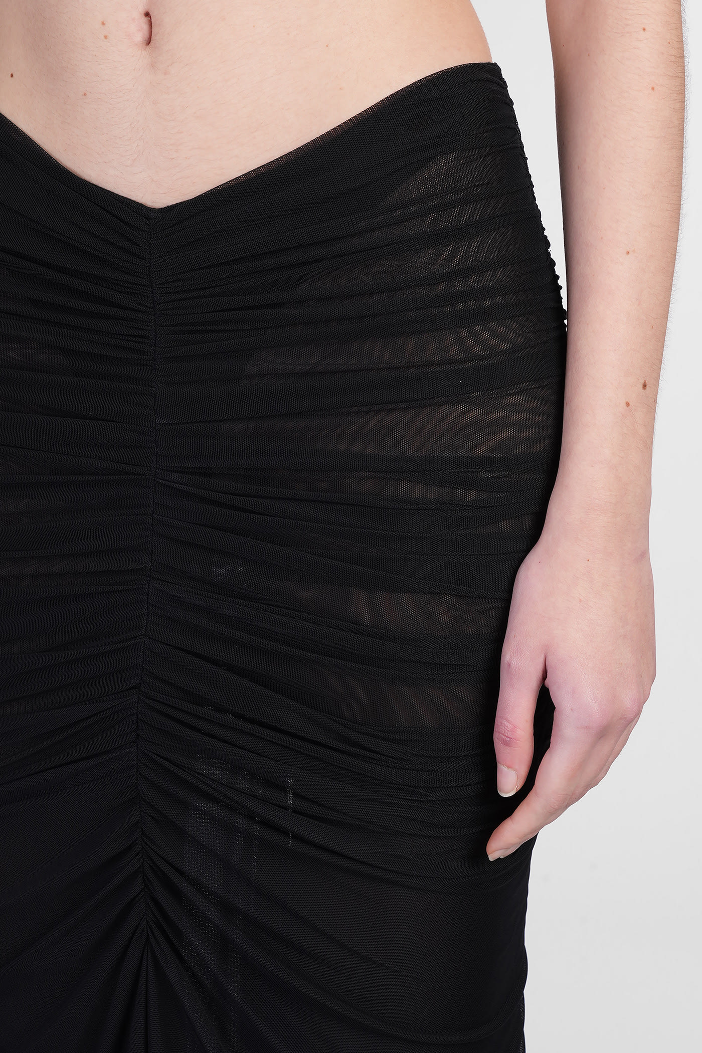 Mugler Black Ruched Mesh Midi Skirt In Black
