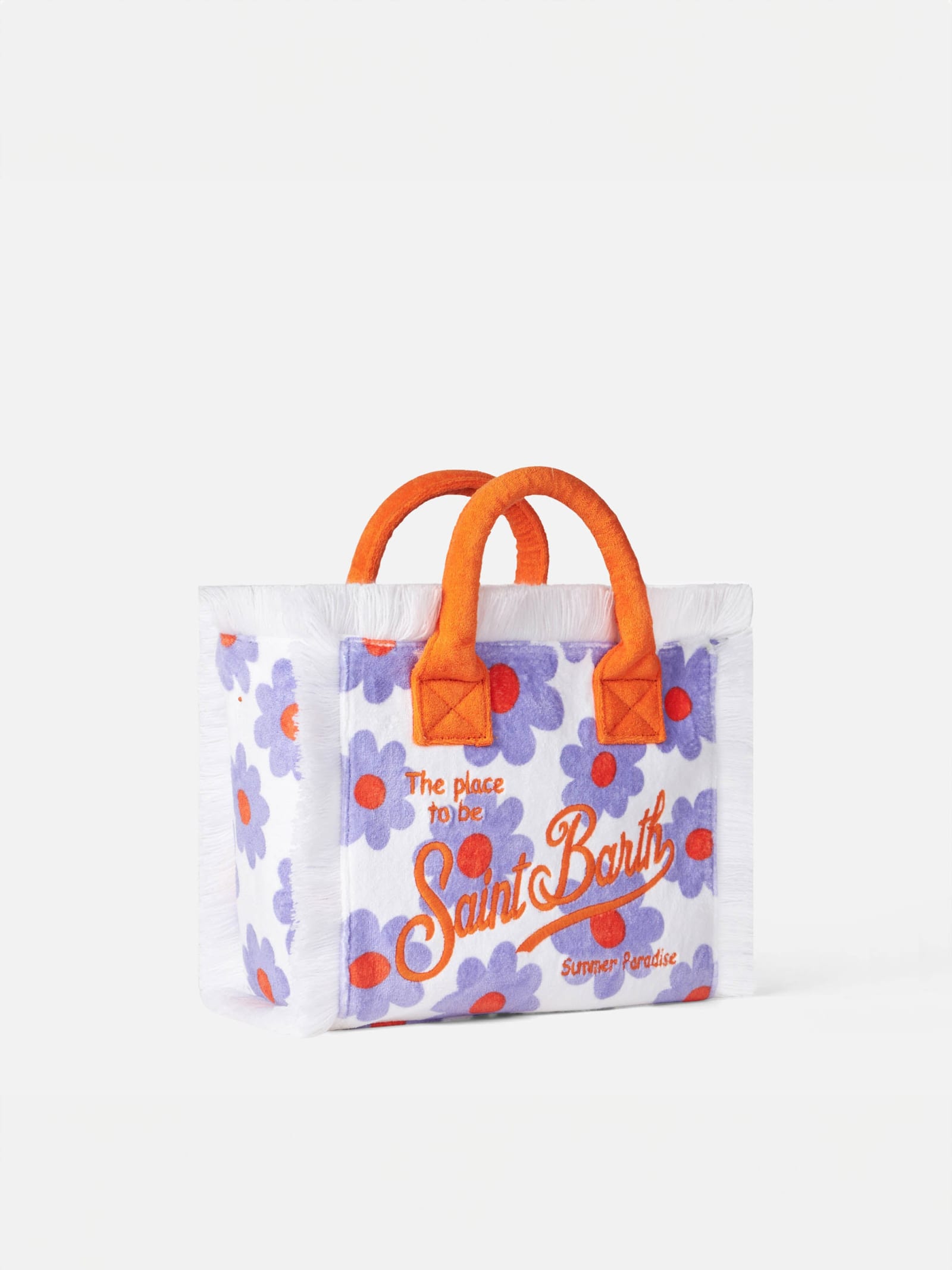 MC2 SAINT BARTH COLETTE TERRY HANDBAG WITH VIOLET AND ORANGE DAISY PRINT