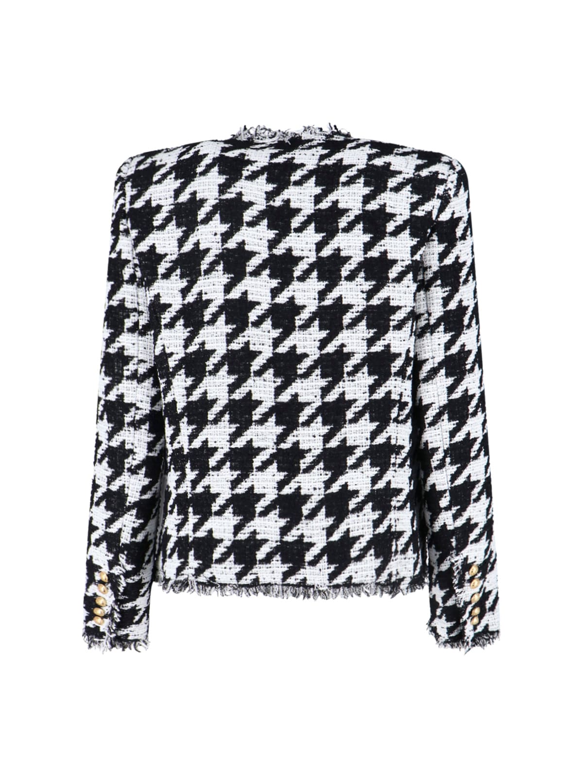 Balmain 'spencer' Black And White Jacket With All-over Check Motif And Fringed Hem In Black