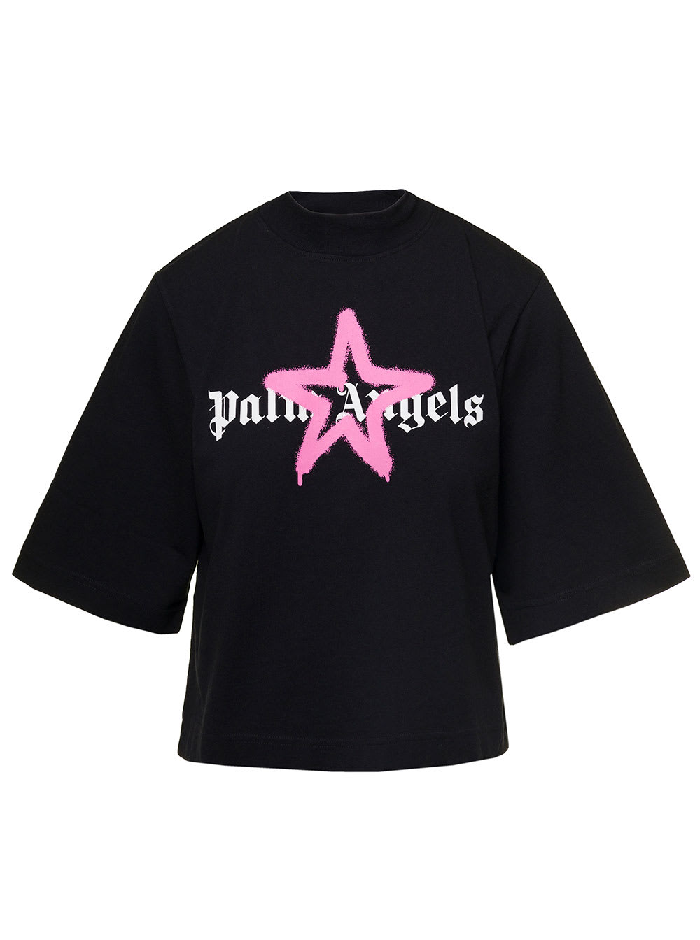 Palm Angels Black Crewneck Crop T-shirt With Logo Print And Star Sprayed In Cotton Woman