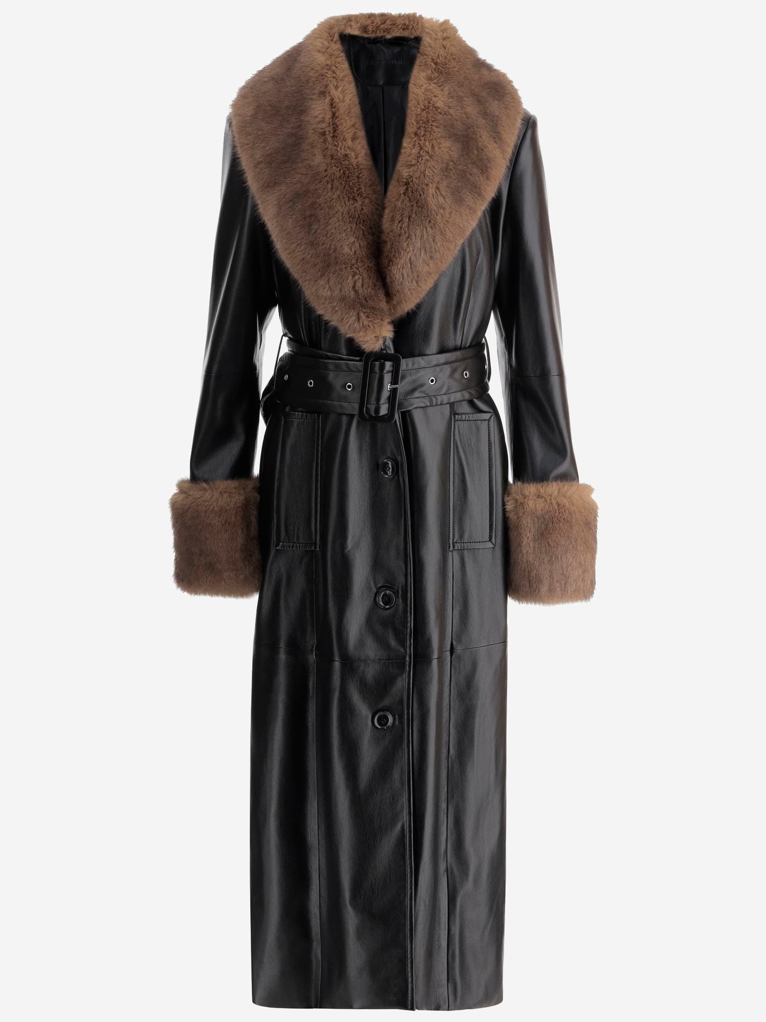 Stand Studio Estella Synthetic Leather Coat With Fur Details In Black