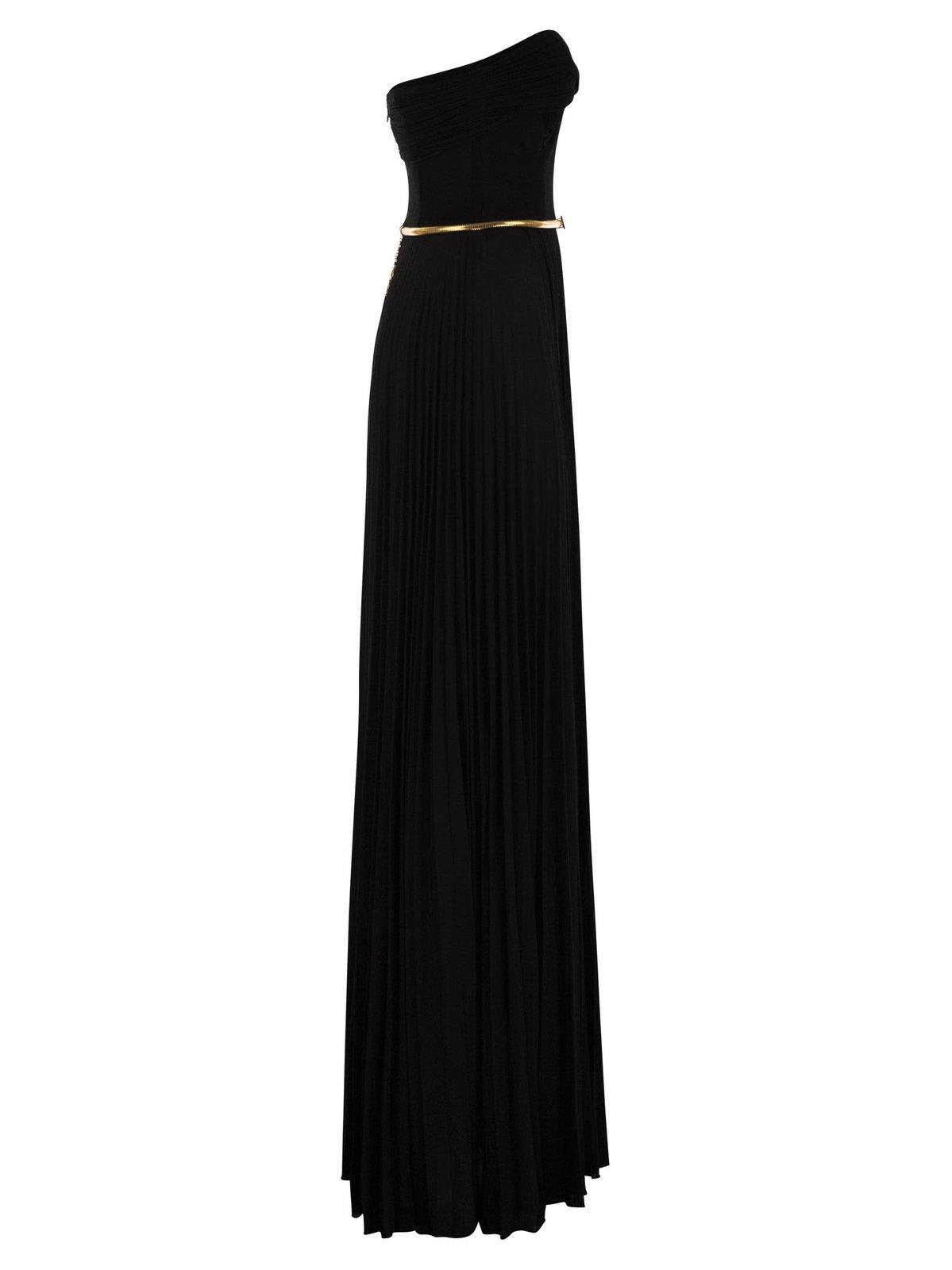 Shop Elisabetta Franchi Pleated Belted Carpet Dress In Black