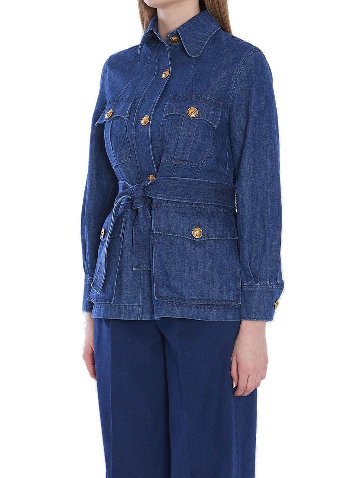 Shop Valentino Sahariana Belted Waist Denim Jacket In Blue