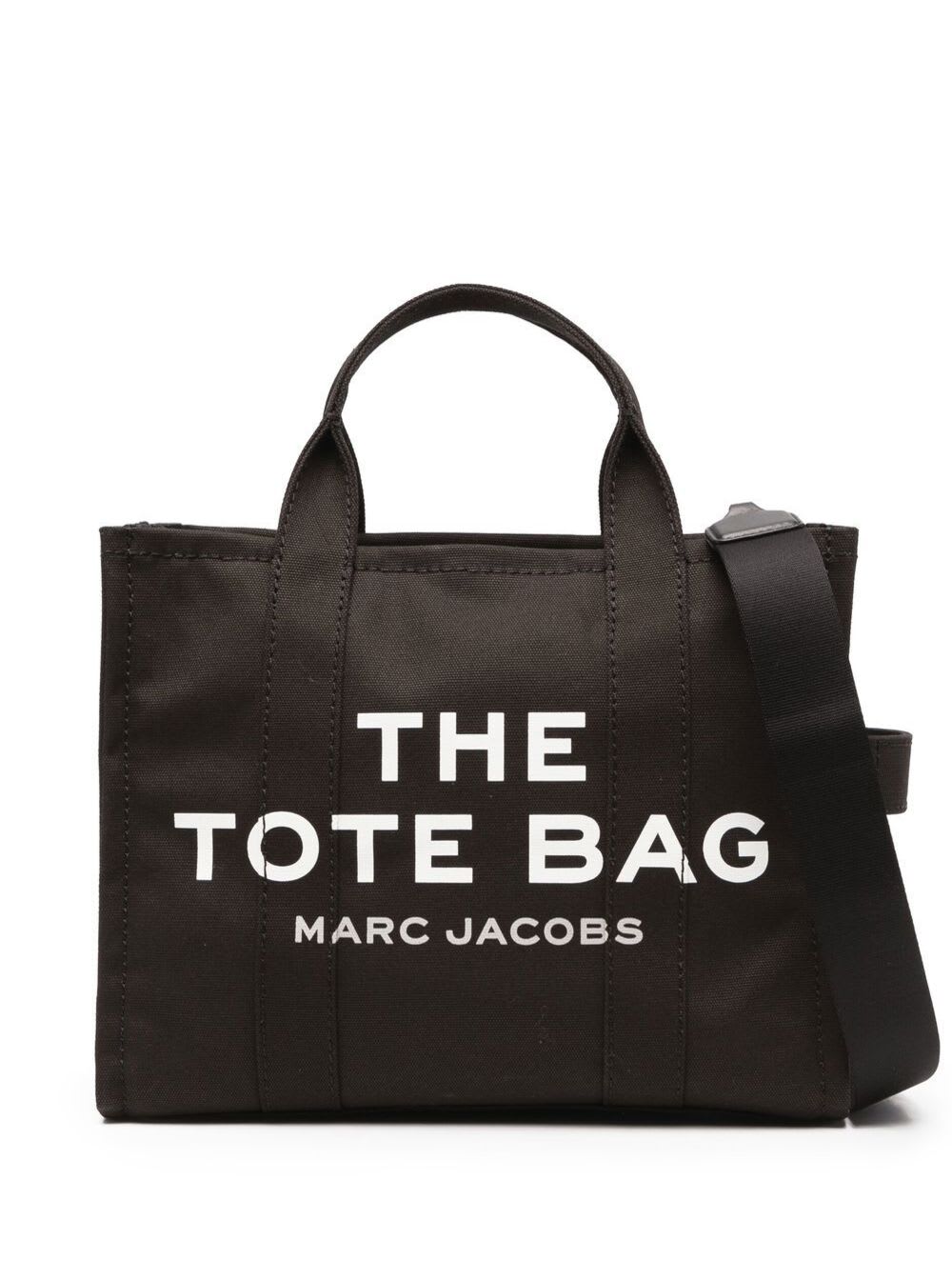 the Tote Black Tote Bag With Contrasting Logo Print In Cotton Black Woman Marc Jacobs